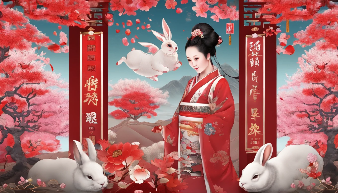 In the plum grove,Falling petals and snow are the background,Bright lighting,The zodiac rabbit is the subject,personification,Wearing Tang dynasty costumes,Red firecrackers,Chinese knot