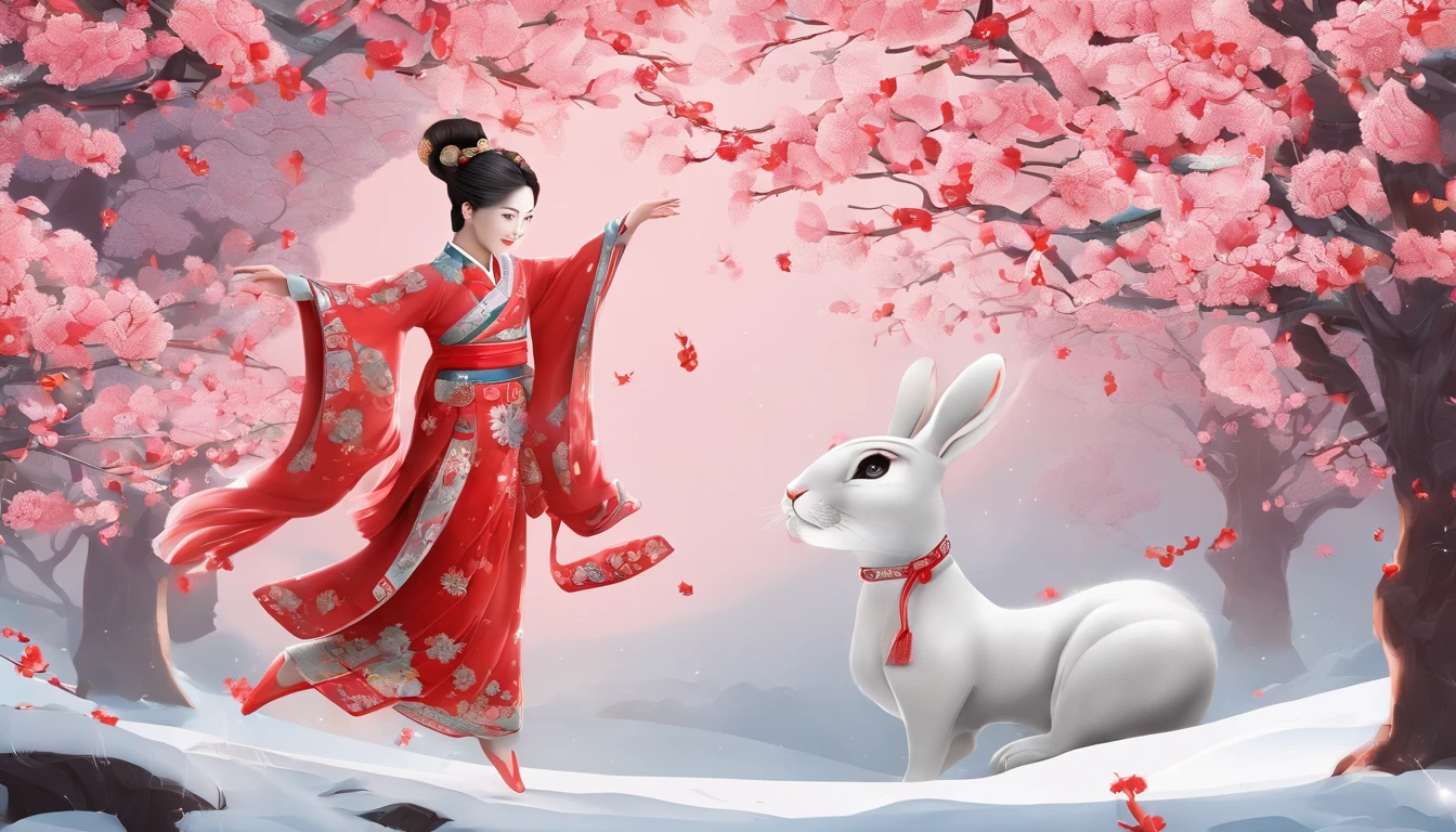 In the plum grove，Falling petals and snow are the background，Bright lighting，The zodiac rabbit is the subject，personification，Wearing Tang dynasty costumes，Red firecrackers，Chinese knot