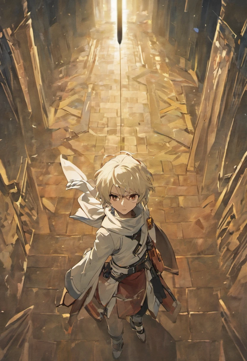 (master part) No mundo virtual de Sword Art Online GBO, A dynamic and epic scene unfolds as a boy with artfully stylized white hair and a mysterious mask covering his face walks confidently through a dark dungeon. His costume consists of intricately designed armor suits that accentuate his powerful presence. in her hands, He wields a sleek sniper rifle, pronto para enfrentar qualquer desafio que o aguarda.
