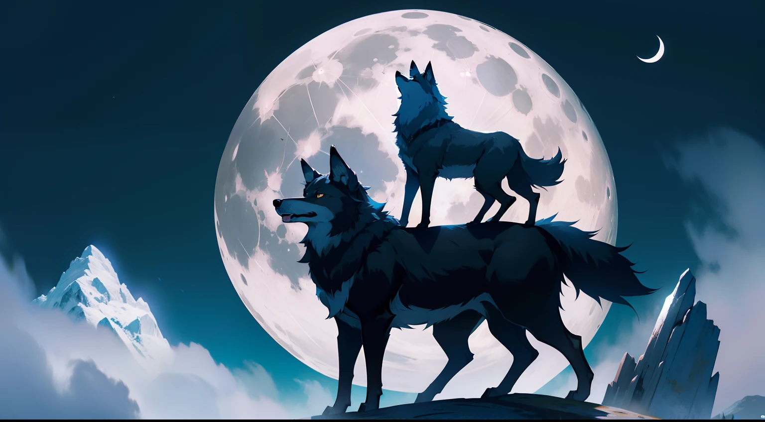 Wolf with an axe standing on a mountain staring at the moon