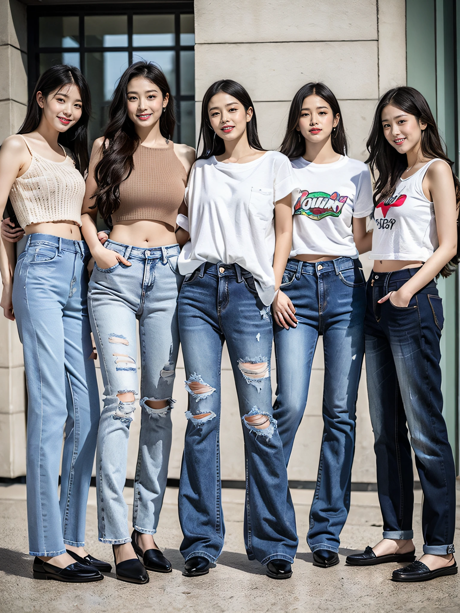 (RAW photo:1.2), (Photorealistic:1.4),Beautiful detailed woman,very detailed eyes and faces, A detailed eye, ultra - detailed, A high resolution, The is very detailed,best qualtiy,illustratio,unified,8k 壁纸,tmasterpiece,best qualtiy,A group of young women standing side by side in jeans, casual clothing style, casual modern clothing, blackpink, modern casual clothing, wearing casual cloths, female human body whole body, ( ( ( Wearing jeans ) ) ), Fashion clothing, photoshoot, wearing black clothes, wearing casual cloths，Nice shoes