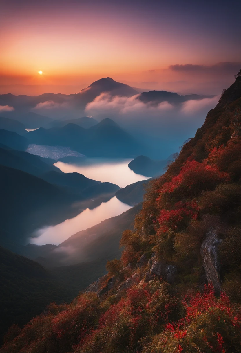 sunraise，Sea of Clouds，mountain ranges，drak，glorious,The landscape,lake,Chinese ,Fairytale,Light effect,dream magical