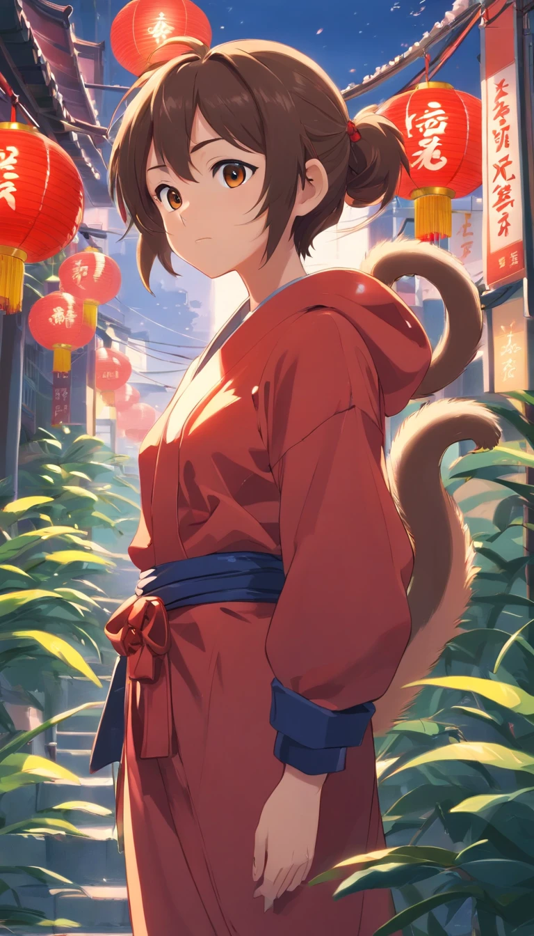 New Year Monkey,Year of the Monkey,critters, Don't be human,Don't anthropomorphize!Lunar New Year, spring flowers, Red lanterns, fundo vermelho, Extremely high quality, Full-HD, Close-up, 2023, ..。.3D