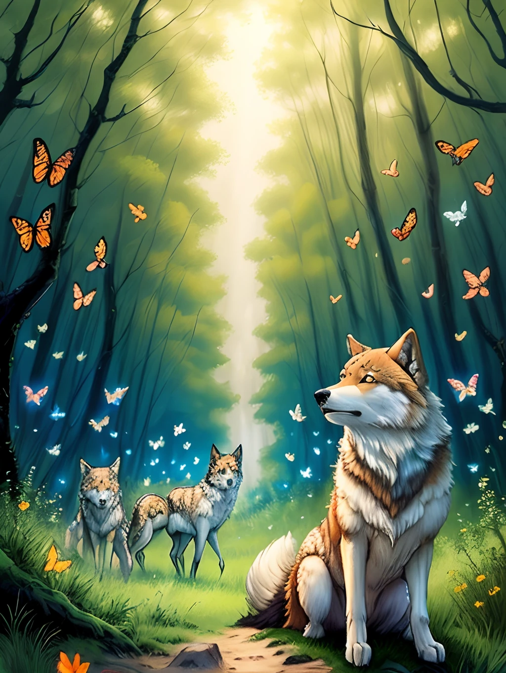 forest with butterflies and wolves