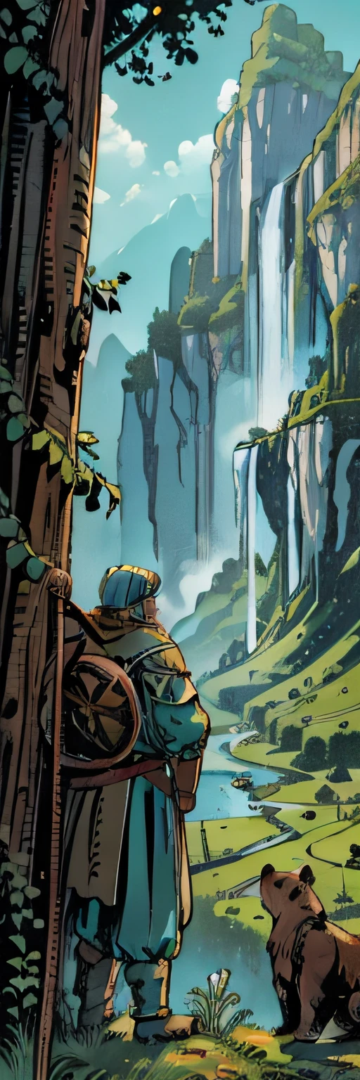 Alta qualidade, anatomia correta, imagem detalhada, Illustration for medieval fantasy book, Medieval warrior with his back to the observer in a position of alert before a bear in an attack position, numa floresta,