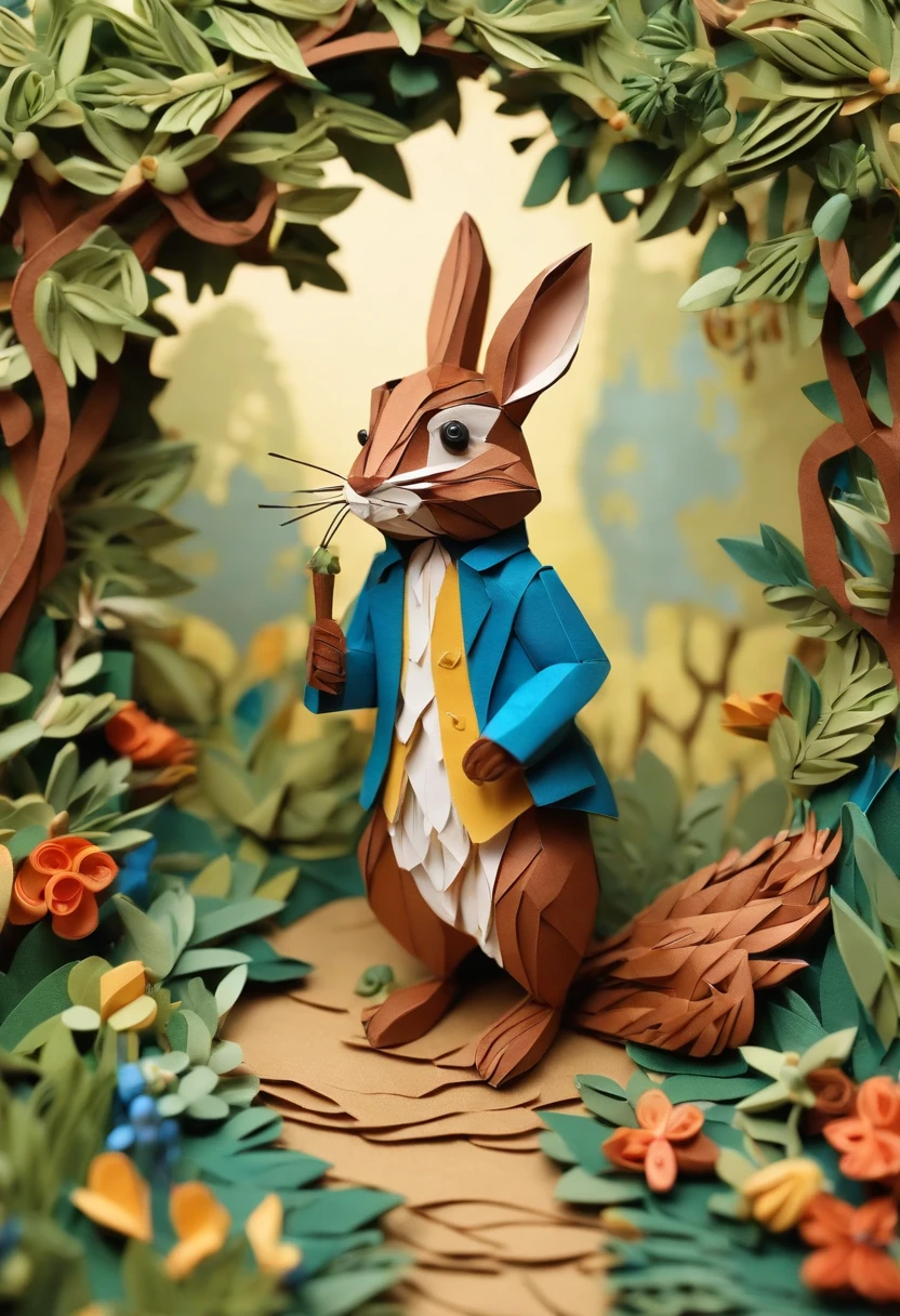Paper quilling Peter Rabbit in the forest,Multidimensional origami stitch style illustration,Paper seam style little monkey