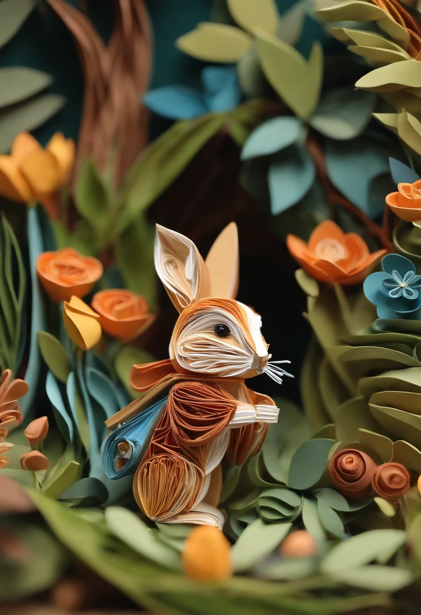 Paper quilling Peter Rabbit in the forest,Multidimensional origami stitch style illustration,Paper seam style little monkey