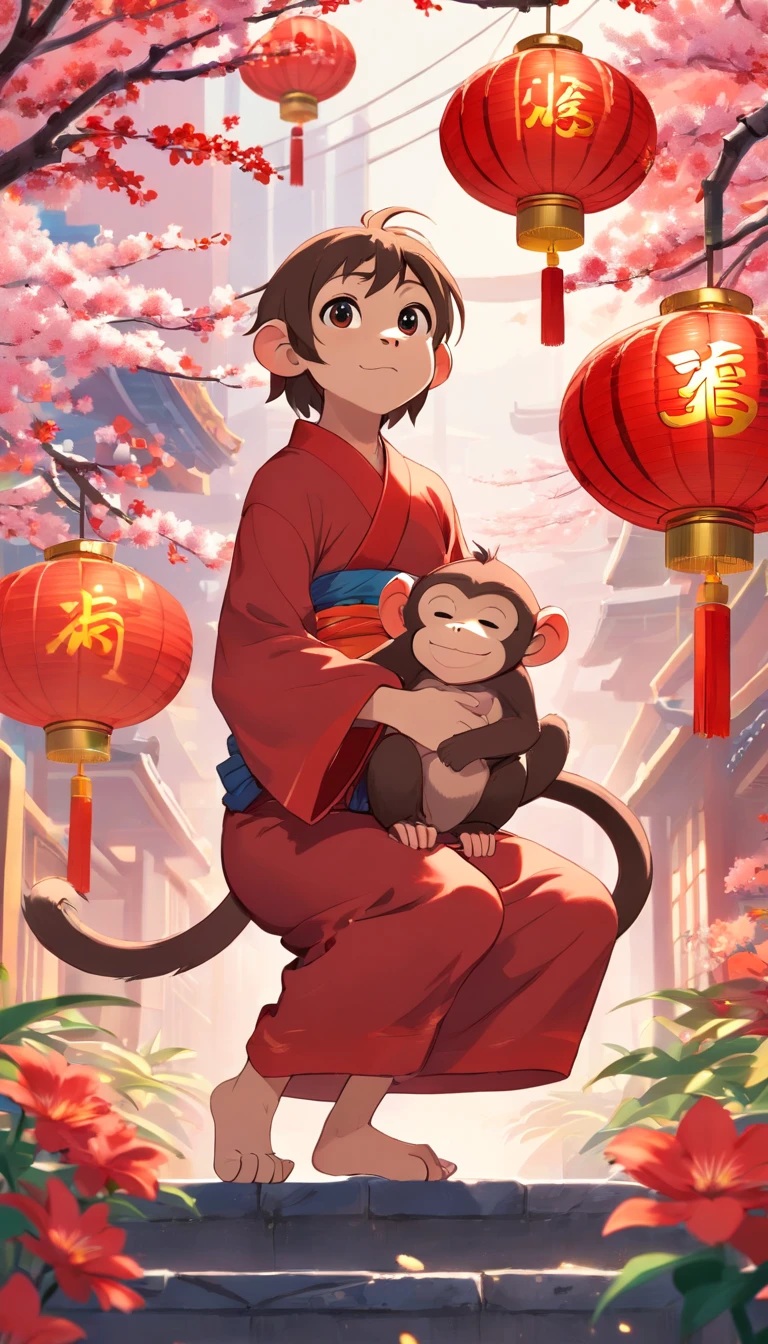 New Year Monkey,Year of the Monkey,critters,Lunar New Year, spring flowers, Red lanterns, fundo vermelho, Extremely high quality, Full-HD, Close-up, 2023, ..。.3D