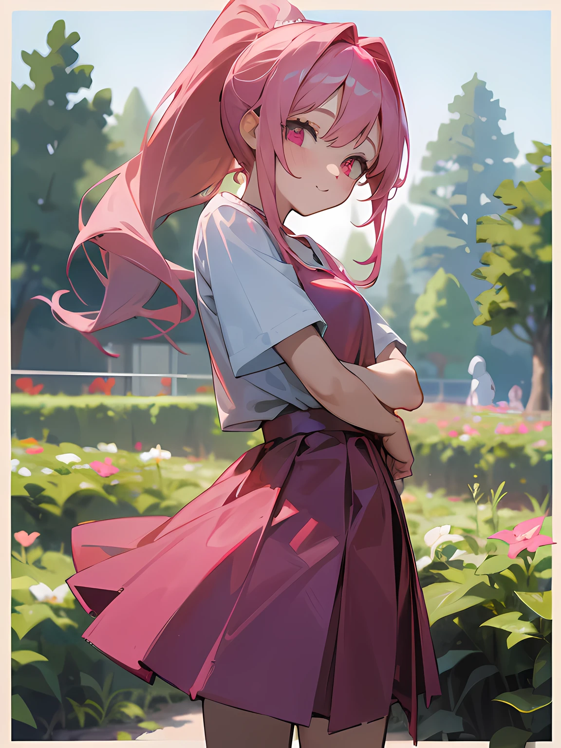 1girl, 13 years old, long pink hair, ponytail, pink eyes, plain white shirt, red skirt, happy, garden, absurdres, high res, ultrasharp, 8k, masterpiece