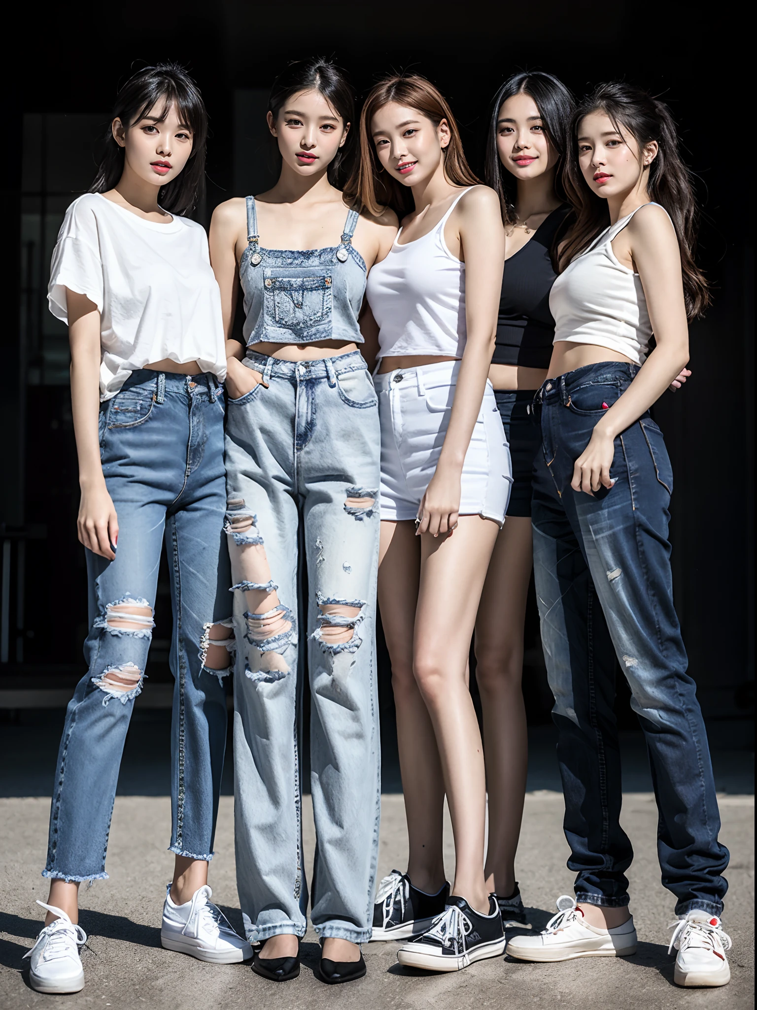 (RAW photo:1.2), (Photorealistic:1.4),Beautiful detailed woman,very detailed eyes and faces, A detailed eye, ultra - detailed, A high resolution, The is very detailed,best qualtiy,illustratio,unified,8k 壁纸,tmasterpiece,best qualtiy,A group of young women standing side by side in jeans, casual clothing style, casual modern clothing, blackpink, modern casual clothing, wearing casual cloths, female human body whole body, ( ( ( Wearing jeans ) ) ), Fashion clothing, photoshoot, wearing black clothes, wearing casual cloths，Nice shoes