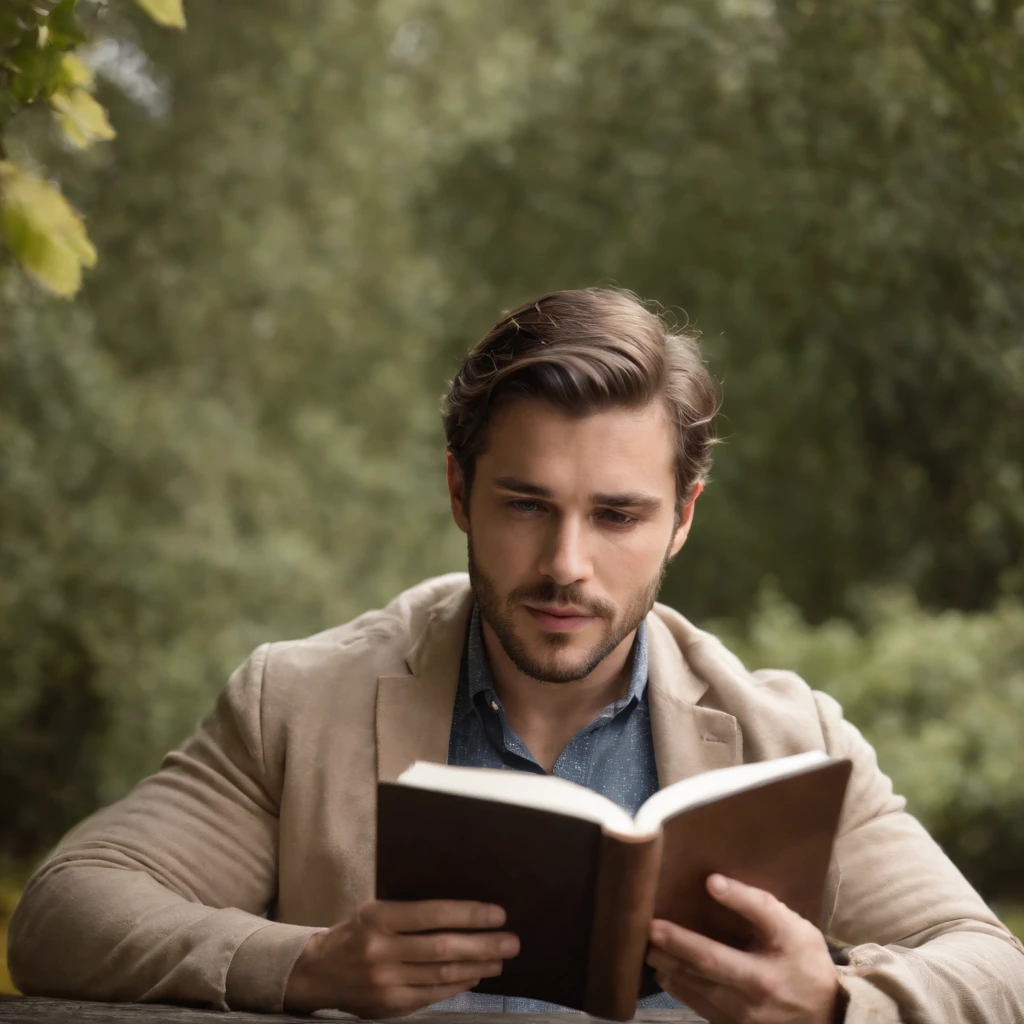 homem, with a diary in hand, contando uma historia, olhando pra frente