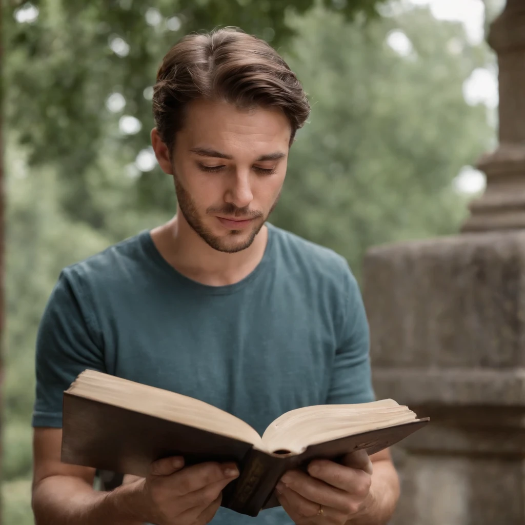 homem, with a diary in hand, contando uma historia, olhando pra frente