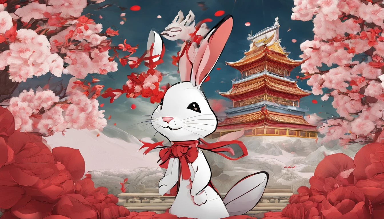 In Merlin,Falling petals and snow are the background,Bright lighting,The zodiac rabbit is the theme,Rabbit anthropomorphism,Wearing Tang Dynasty costumes,Red firecrackers,Chinese knot,No Man