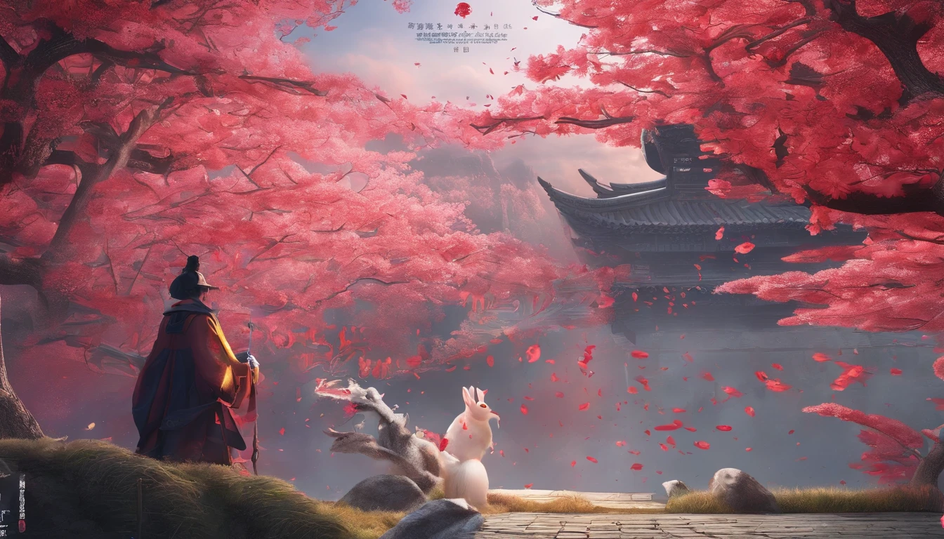 In Merlin,Falling petals and snow are the background,Bright lighting,The zodiac rabbit is the theme,Rabbit anthropomorphism,Wearing Tang Dynasty costumes,Red firecrackers,Chinese knot,No Man