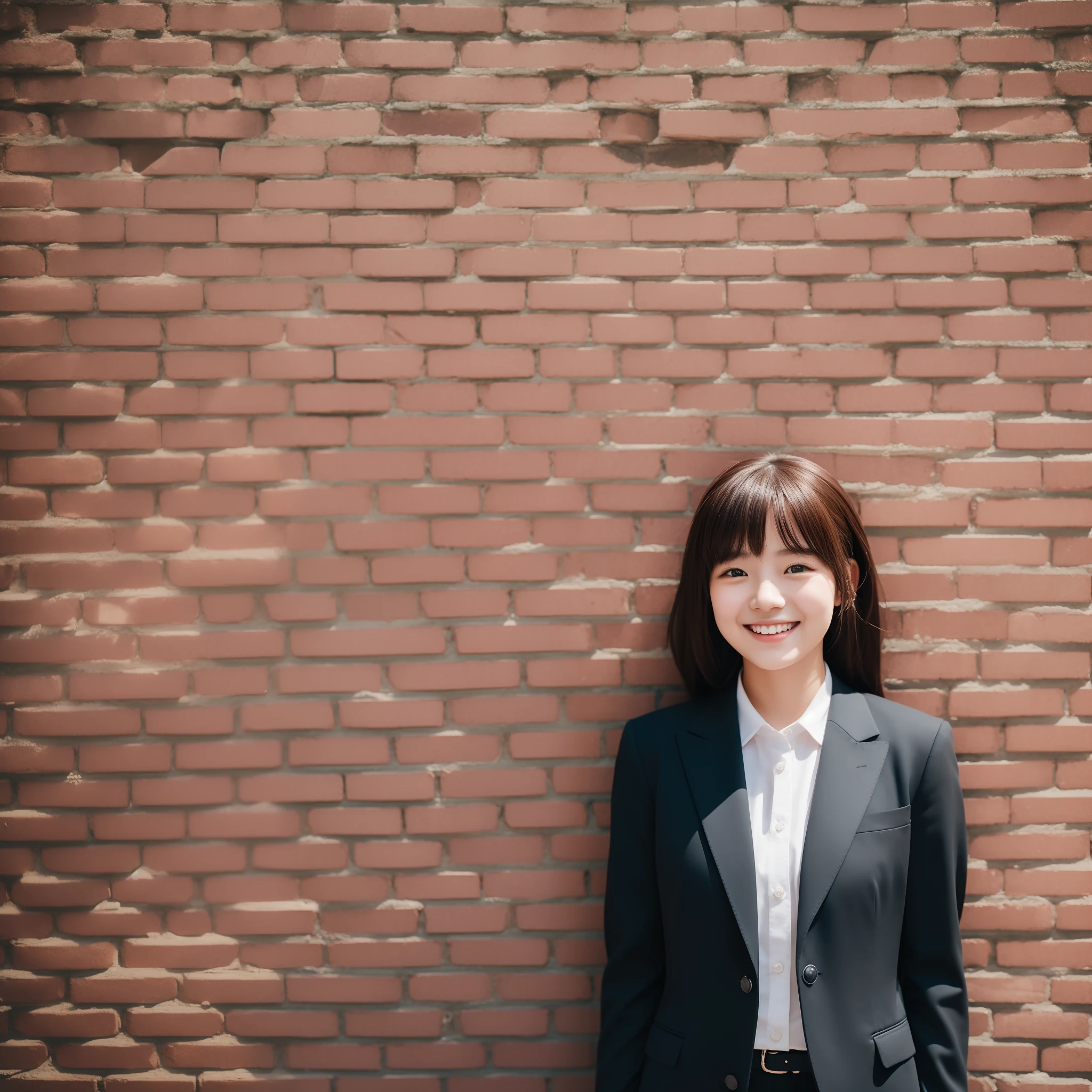 girl with, 独奏, a smile, Dressed in a suit, Brick wall background, top-quality, masterpiece, Realistic, ultra-detailliert, natural soft light