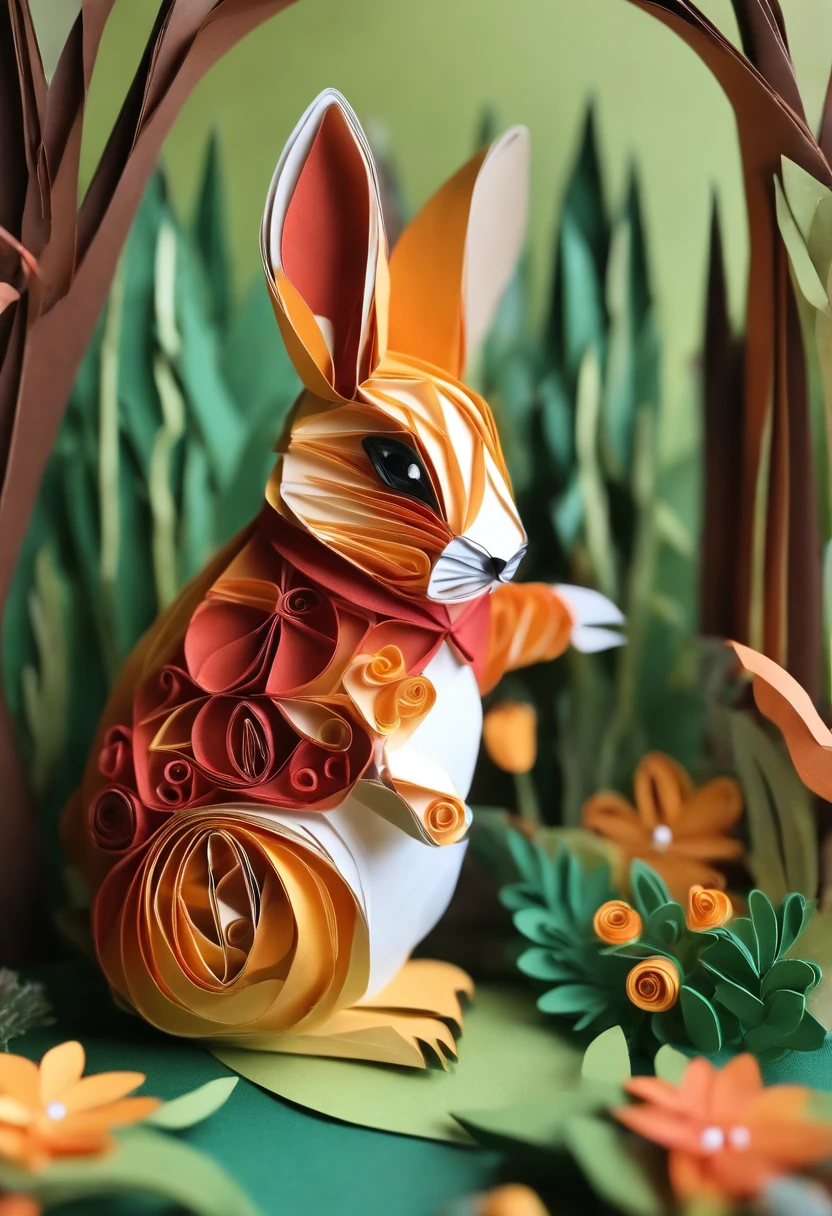 Paper quilling Peter Rabbit in the forest,Multidimensional origami stitch style illustration,Paper seam style animal puppy