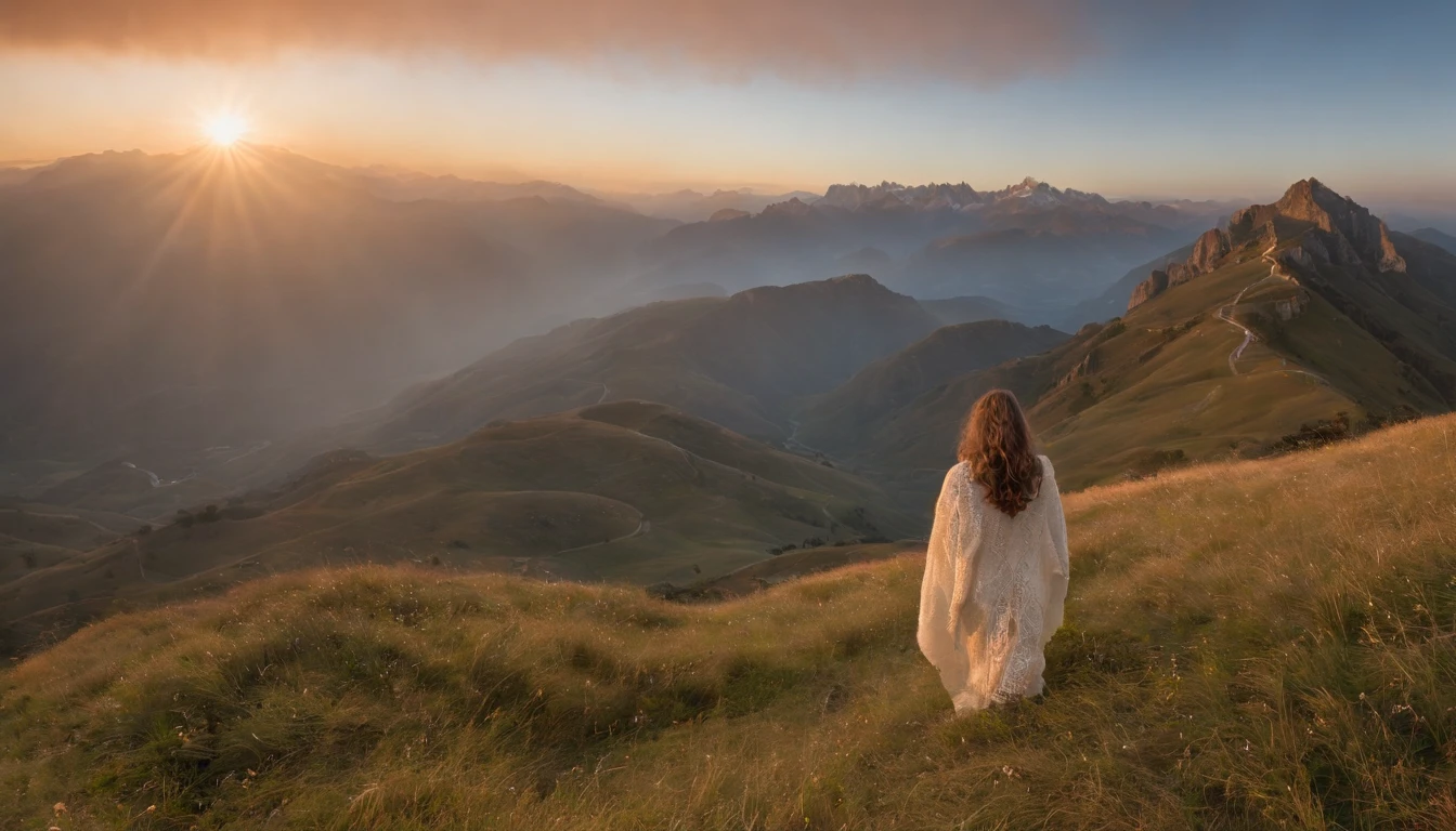 Imagine uma paisagem serena ao amanhecer, when a person is in the foreground. One looks with determination at a set of majestic mountains that rise in front of him. The sky above is illuminated by the soft colors of the sunrise, Creating an atmosphere of hope and renewal. Enquanto a pessoa enfrenta os desafios representados pelas montanhas, uma sombra protetora e benevolente, reminiscent of the figure of an angel or guardian, is projected on it, indicating the welcoming and guiding presence of God. The mountains are imposing, com picos cobertos de neve, criando um contraste com a serenidade do primeiro plano. The image captures the sense of trust in divine help in the midst of the greatness of nature.