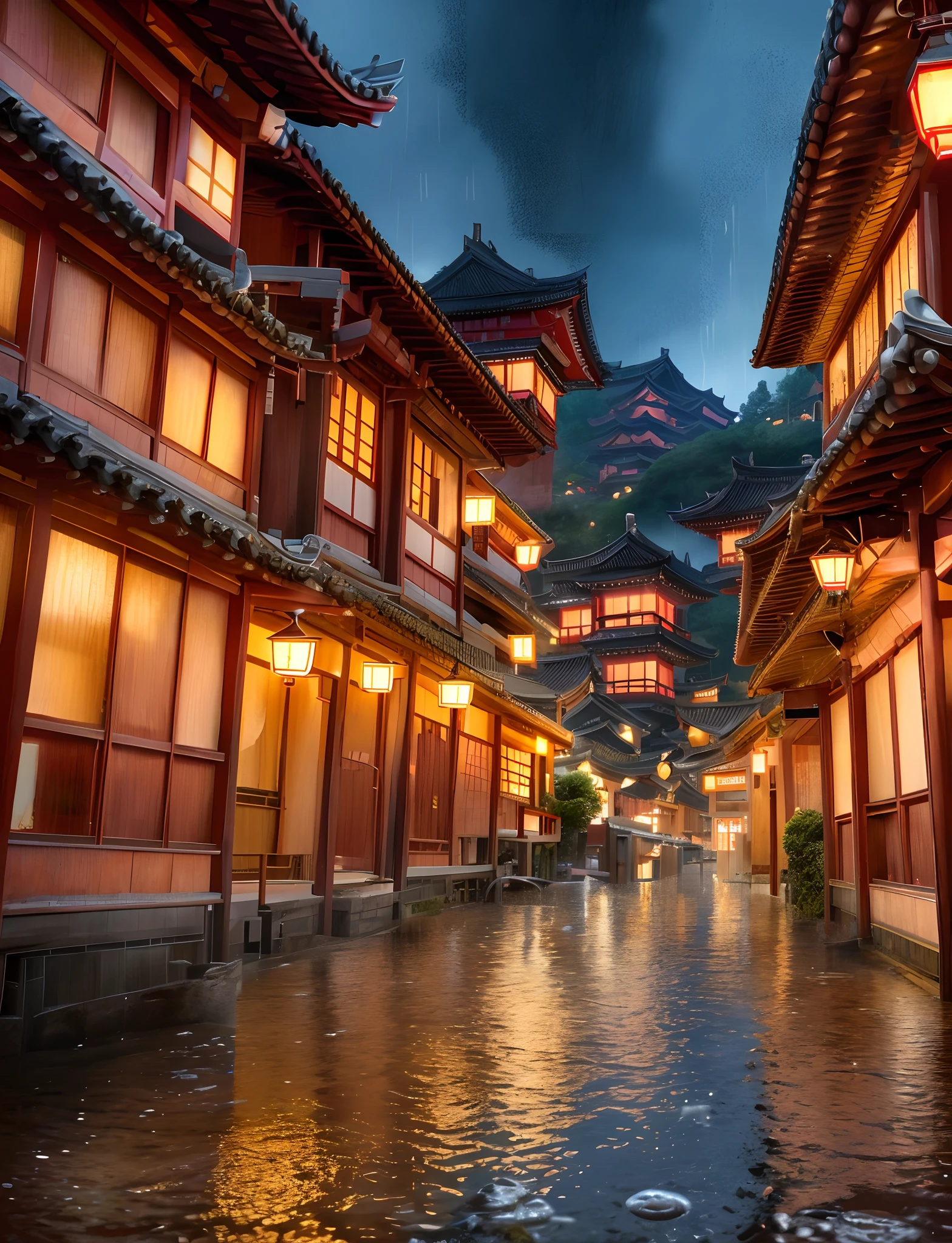 arafed view of a village with a lot of lights on the buildings, dreamy chinese town, chinese village, amazing wallpaper, japanese town, japanese village, hyper realistic photo of a town, old asian village, japanese city, by Raymond Han, rainy evening, cyberpunk chinese ancient castle, beautifully lit buildings, at evening during rain, beautiful and aesthetic, photography, cinematic, 8k, high detailed ((Heavy rain)))