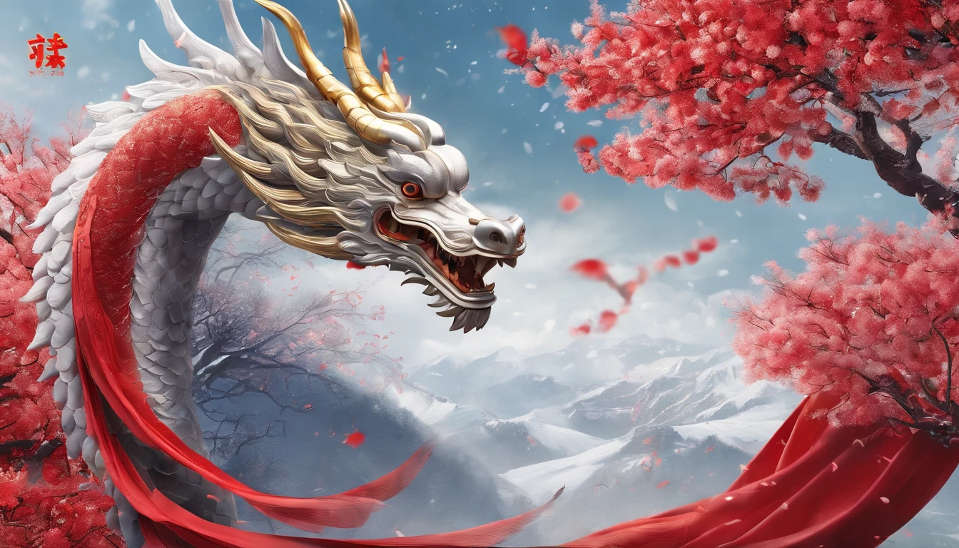 In Merlin,Falling petals and snow are the background,Bright lighting,The zodiac dragon is the theme,personification,Wearing Tang Dynasty costumes,Red firecrackers,Chinese knot