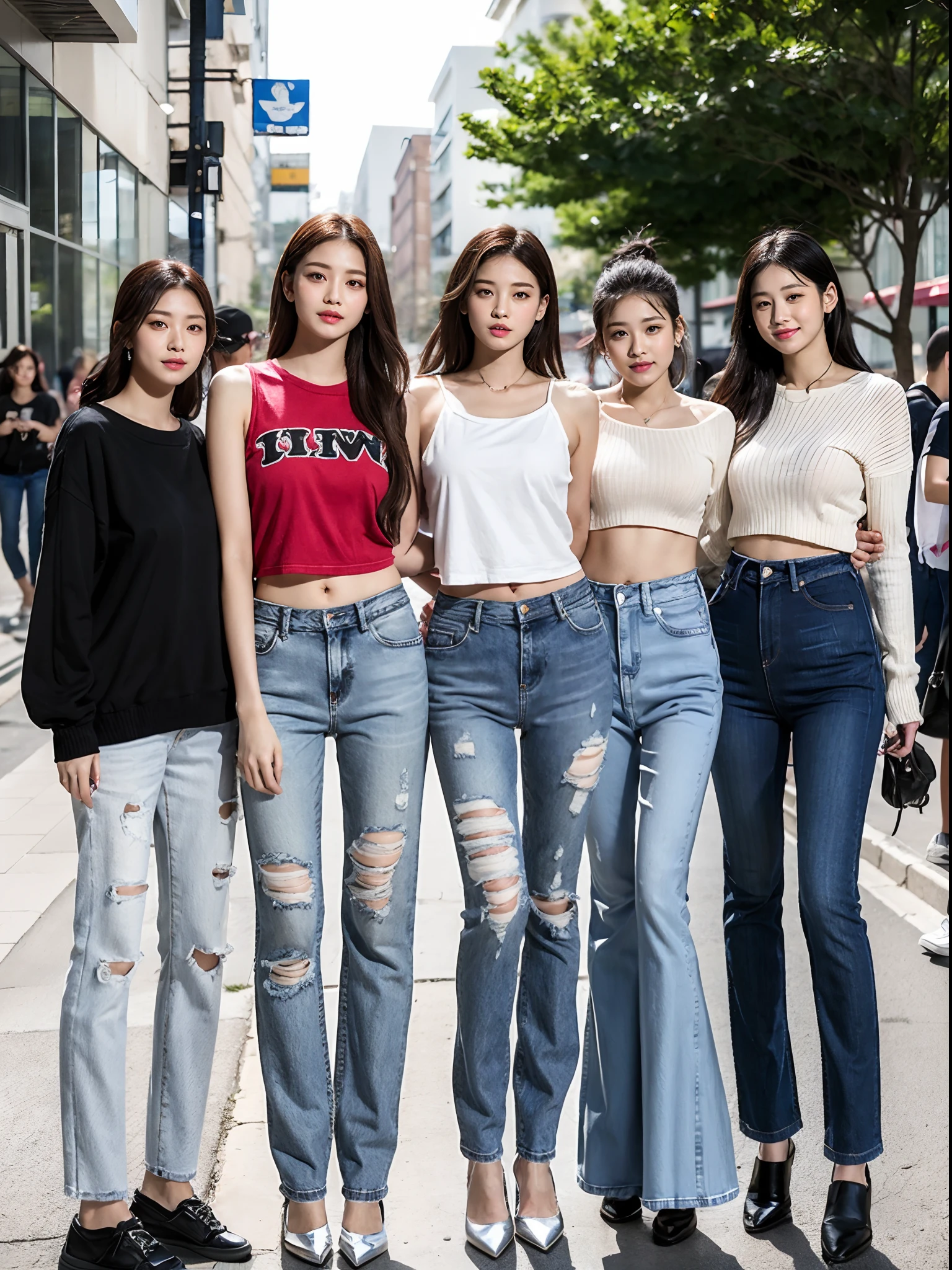 (RAW photo:1.2), (Photorealistic:1.4),Beautiful detailed woman,very detailed eyes and faces, A detailed eye, ultra - detailed, A high resolution, The is very detailed,best qualtiy,illustratio,unified,8k 壁纸,tmasterpiece,best qualtiy,A group of young women standing side by side in jeans, casual clothing style, casual modern clothing, blackpink, modern casual clothing, wearing casual cloths, female human body whole body, ( ( ( Wearing jeans ) ) ), Fashion clothing, photoshoot, wearing black clothes, wearing casual cloths,Nice shoes
