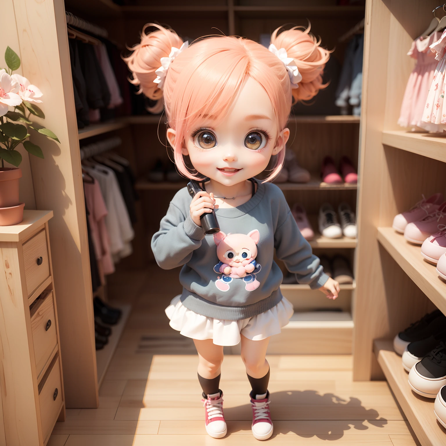 Cute Chibi Anime,(((chibi3d))) (best quality) (masterprice)、fashion modell、Chibi Walk-in Closet、Open your mouth and smile、A detailed face、Standing