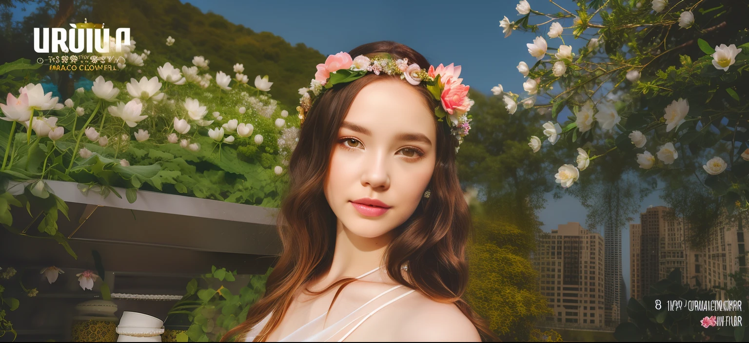 Close up portrait of woman with crown of flowers on head, flowercrown, Floral Crown, the flower crown, Lotus Floral Crown Girl, Bright flower crown, Floral headdress, flower tiara, extra detailed face, Wearing a crown of flowers, 8K highly detailed face, flower child, She has a crown of flowers, Rose crown, Wearing a flower headpiece
