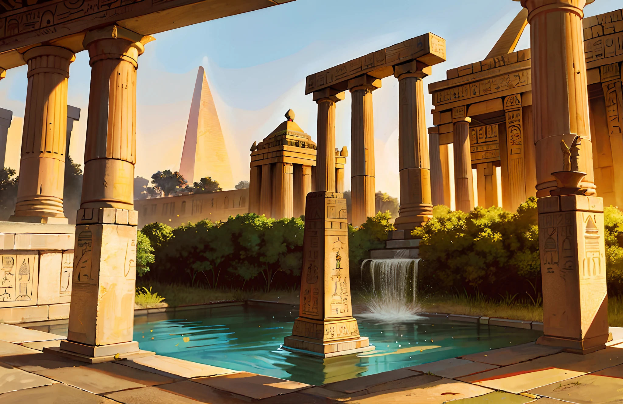 Magnificent ancient Egyptian-style temple，Ancient Egyptian temples，Ancient Egyptian temples，obelisk，Nile River，sunraise，epic sense，Sense of grandeur