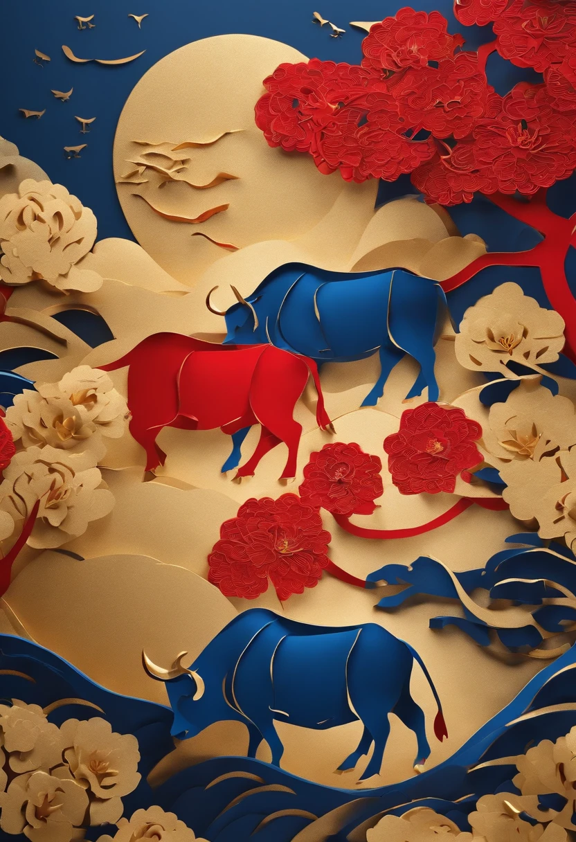 Paper Cuttings style，The Year of the Ox is prosperous，Golden-blue，A little red，، simple，Commercial posters，delight