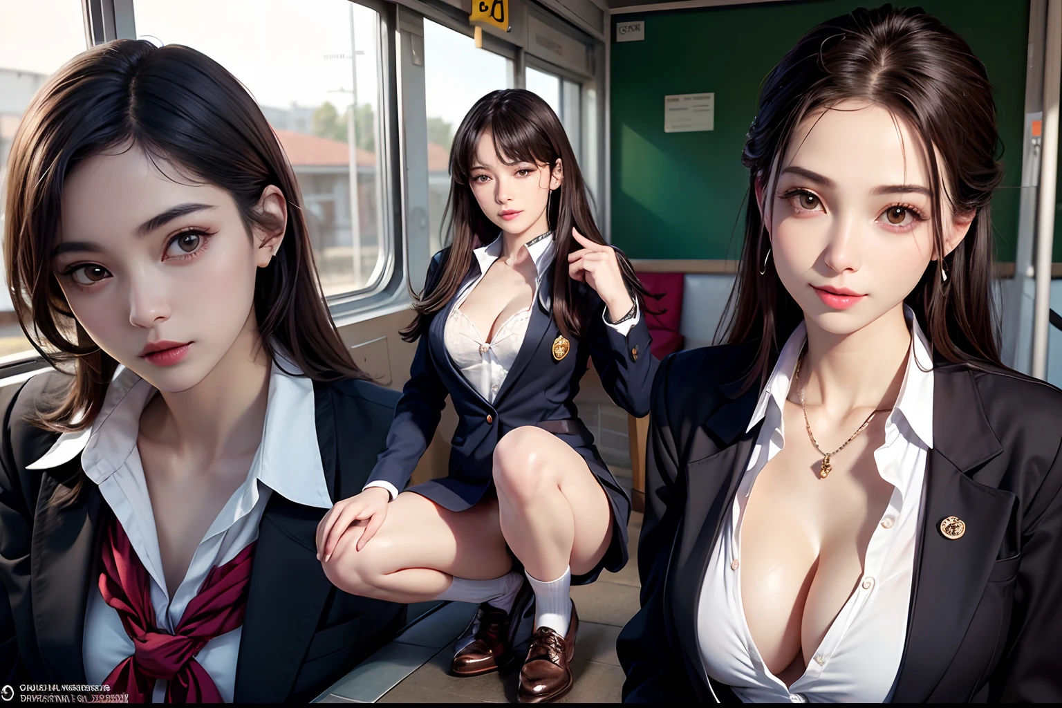 (Details of a very beautiful face), (Best Quality:1.4), 8K resolution, High resolution, (Photorealistic, High resolution:1.4), Raw photo, (Realistic, Photorealsitic:1.37), 2girls, Beautiful girl of the highest grade, Super beautiful detailed face, cleavage, (hi-School uniform with wide open breasts:1.25), Gloss on lips, Parted lips, Staring at me, squatting, spread legs, socks, provocative smile, inside the train,