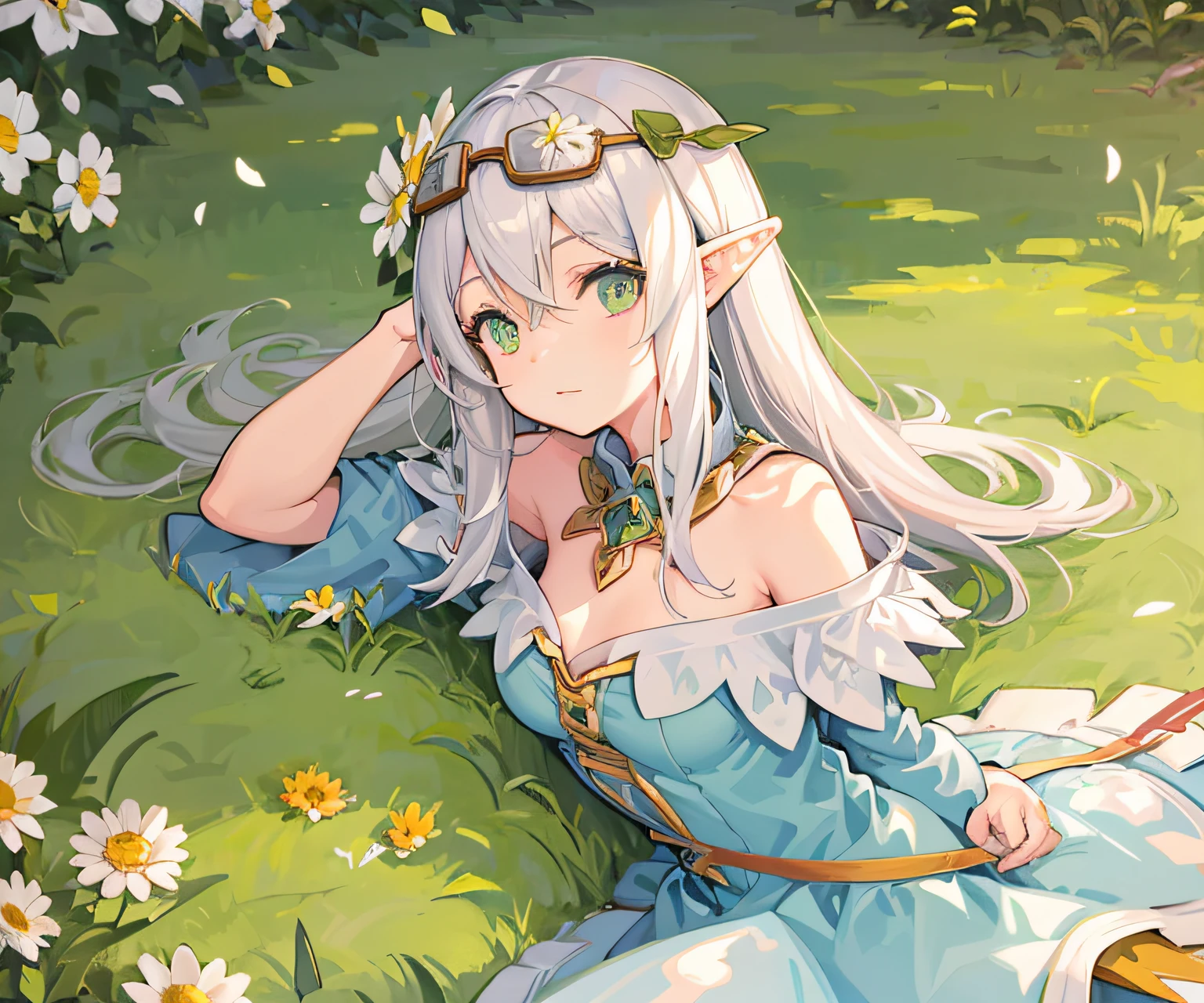 Anime girl lying on grass，Goggles on his head, Lying on the grass, art style of rune factory 5, lying on field, at pixiv, rune factory 5, lying on the grass ground, Elf Girl, author：Shitao, Pisif, [[fantasy]], relaxed poses, lying on a bed of daisies, relaxed dwarf with white hair