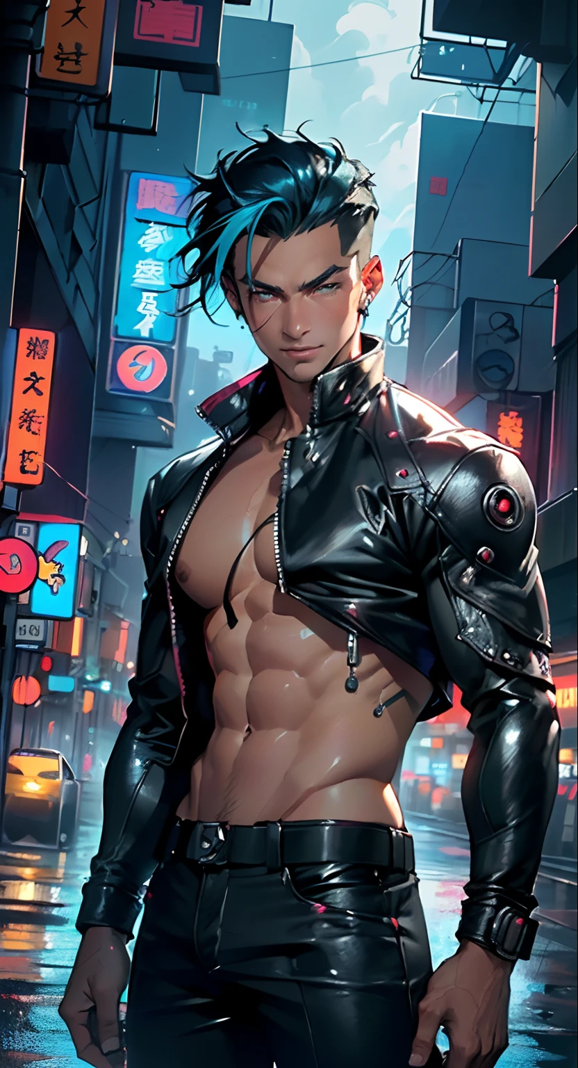 bounty hunter man,(((1man))),((man)),
(((1male,man:1.5,handsome man,male,male gender:1.5,male focus))),
((medium black hair,disheveled hair,blue hair,black hair,two-tone hair)),(((lustrous skin:1.5,tanned skin,bright skin: 1.5,skin tanned,shiny skin,very shiny skin,shiny body,illuminated skin))),((detailed eyes,perfect eyes,rainbow glows ultra-detailed orange brown eyes:1.1,gradient eyes:1,finely detailed beautiful eyes:1,symmetrical eyes:1,big highlight on eyes:1.2)),man chest,handsome face,((muscular,hairy body,muscular man)),((hand consists of a short thumb and four fingers,a hand with only five fingers,(detailed face))),
alluring look,nsfw,
bounty hunter pants,((bulge in pants)),((bounty hunter outfit)),(wearing a bounty hunter outfit:1.3,bounty hunter clothes),((wet clothes,detailed outfit,detailed clothes)),
(dynamic pose:1.0),solo focus,((evil smile,evil look)),(centered,scale to fit dimensions,Rule of thirds),
cyberpunk city by the ocean at night, with bright neon signs and dark stormy clouds and puddles,
High resolution, sharp focus, (ultra detailed, extremely detailed), (photorealistic artwork:1.37), 8k wallpaper,((synthwave background theme)),(((vibrant colors,))),(intricate),masterpiece,(best quality),synthwave neon colors,