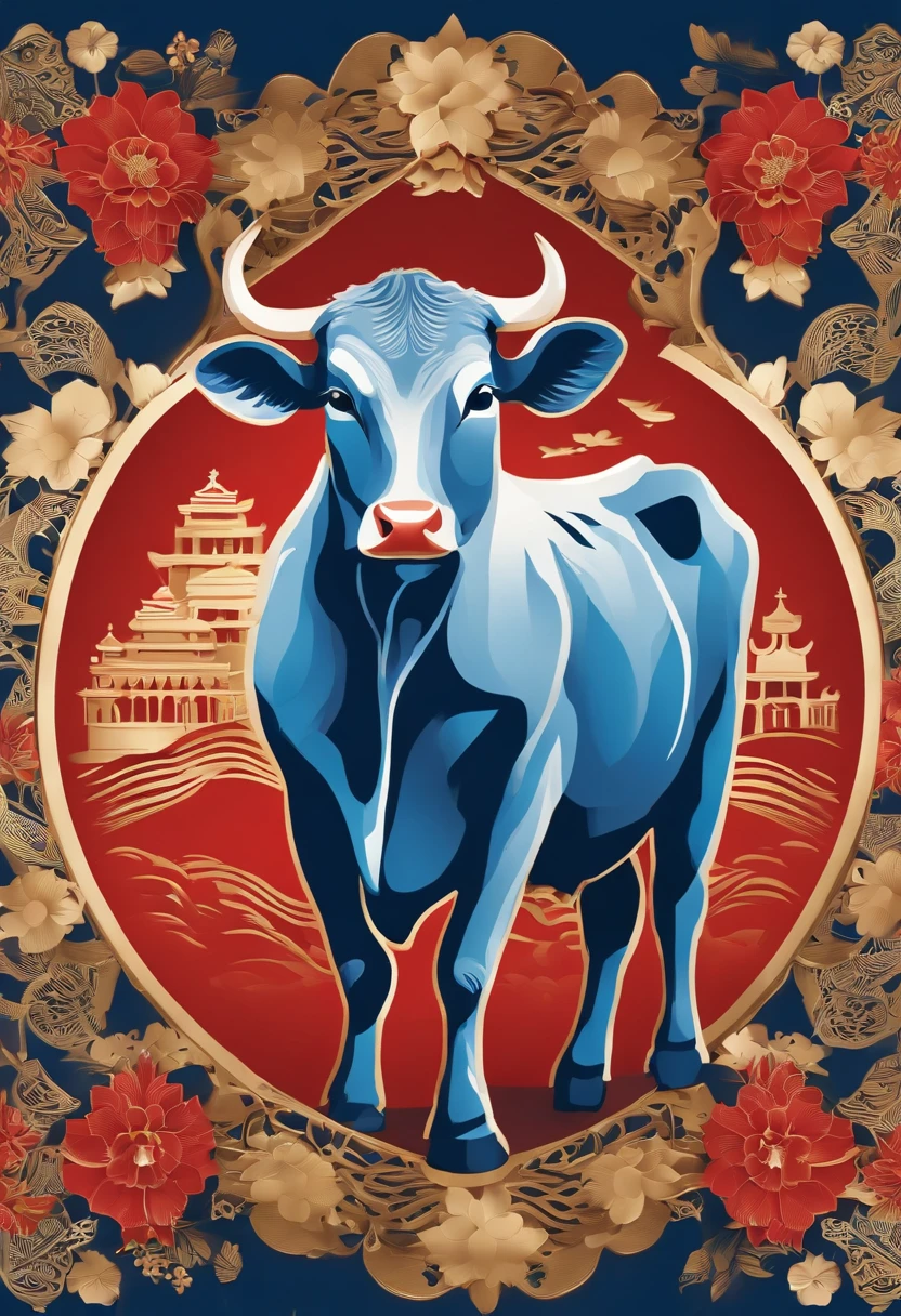 Paper Cuttings style,A cow in the middle,The Year of the Ox is prosperous,Golden-blue,A small amount of red,، simple,Commercial posters,delight