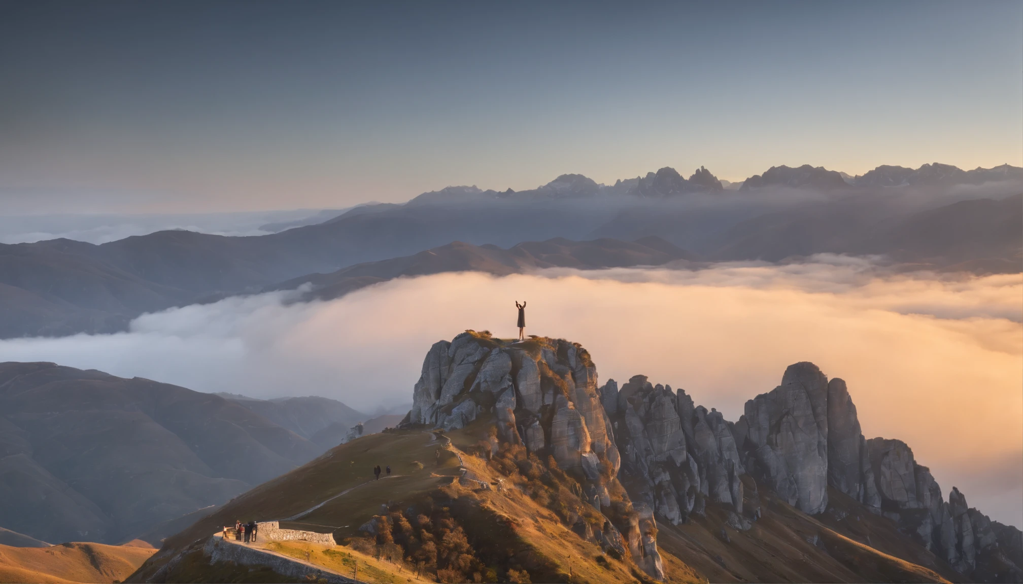 Imagine uma paisagem serena ao amanhecer, when a person is in the foreground. One looks with determination at a set of majestic mountains that rise in front of him. The sky above is illuminated by the soft colors of the sunrise, Creating an atmosphere of hope and renewal. Enquanto a pessoa enfrenta os desafios representados pelas montanhas, uma sombra protetora e benevolente, reminiscent of the figure of an angel or guardian, is projected on it, indicating the welcoming and guiding presence of God. The mountains are imposing, com picos cobertos de neve, criando um contraste com a serenidade do primeiro plano. The image captures the sense of trust in divine help in the midst of the greatness of nature.