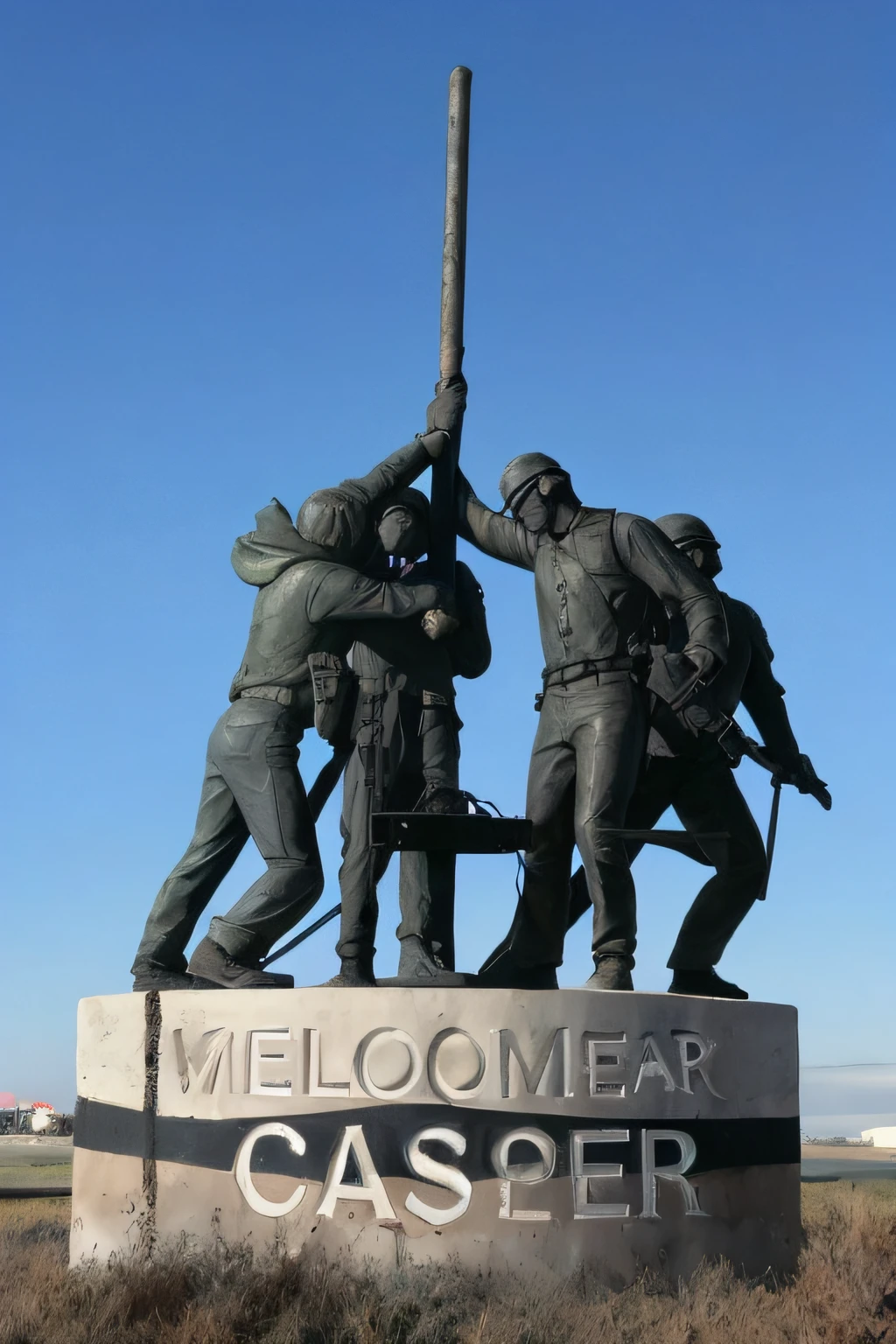There is a statue of soldiers holding a flag on a pole, bronze, Directed by: Dennis Ashbaugh, closeup - view, monumento, statue, imagem impressionante, version 3, marinho, vista de close-up, bronze statue, obra-prima obra de arte, triunfante, dramatic artwork, Detalhes completos, Detalhe surpreendente, Detalhe impressionante, Detalhe muito fino, cena maravilhosa, acolhedor, Detalhe brilhante em formato de desenho