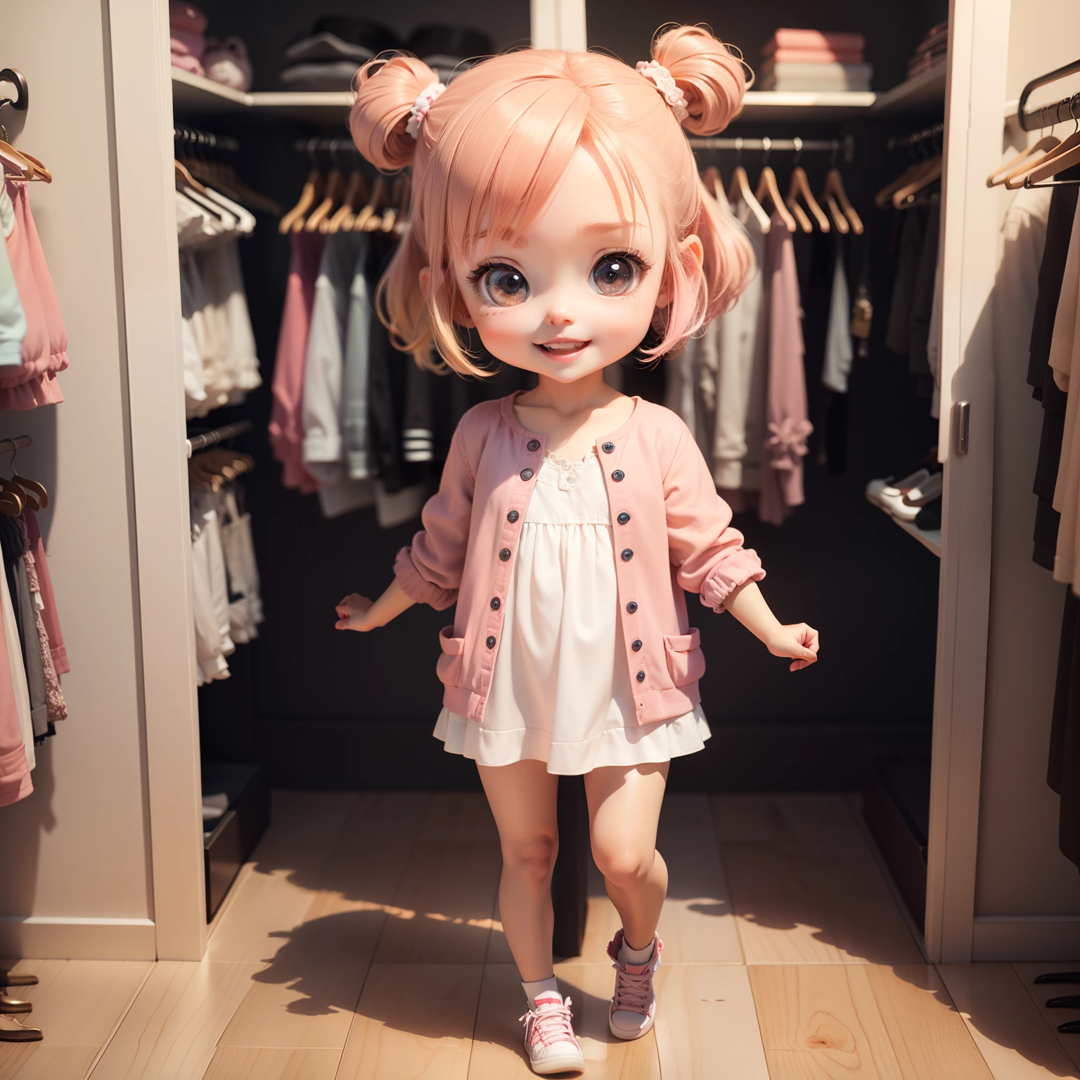 Cute Baby Chibi Anime,(((chibi 3d))) (Best Quality) (Master Price)、fashion modell、Chibi Walk-in Closet、Open your mouth and smile、A detailed face、Standing