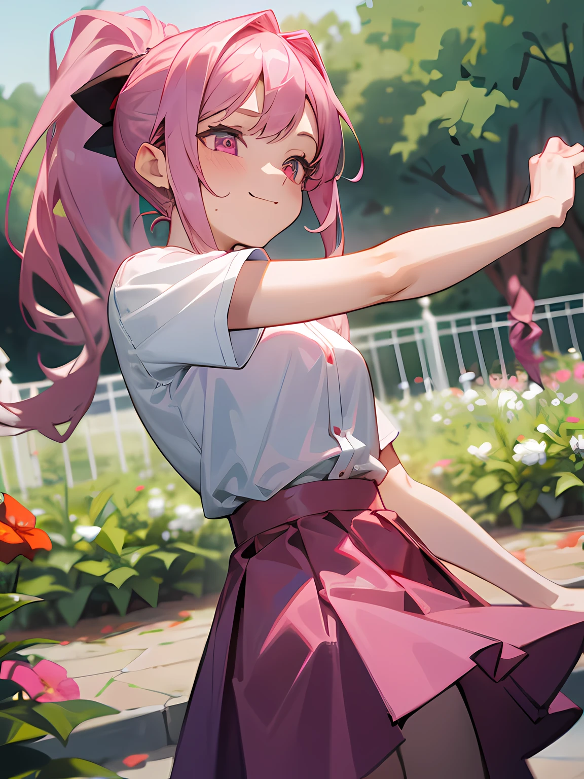 1girl, 13 years old, long pink hair, ponytail, pink eyes, plain white shirt, red skirt, happy, garden, absurdres, high res, ultrasharp, 8k, masterpiece