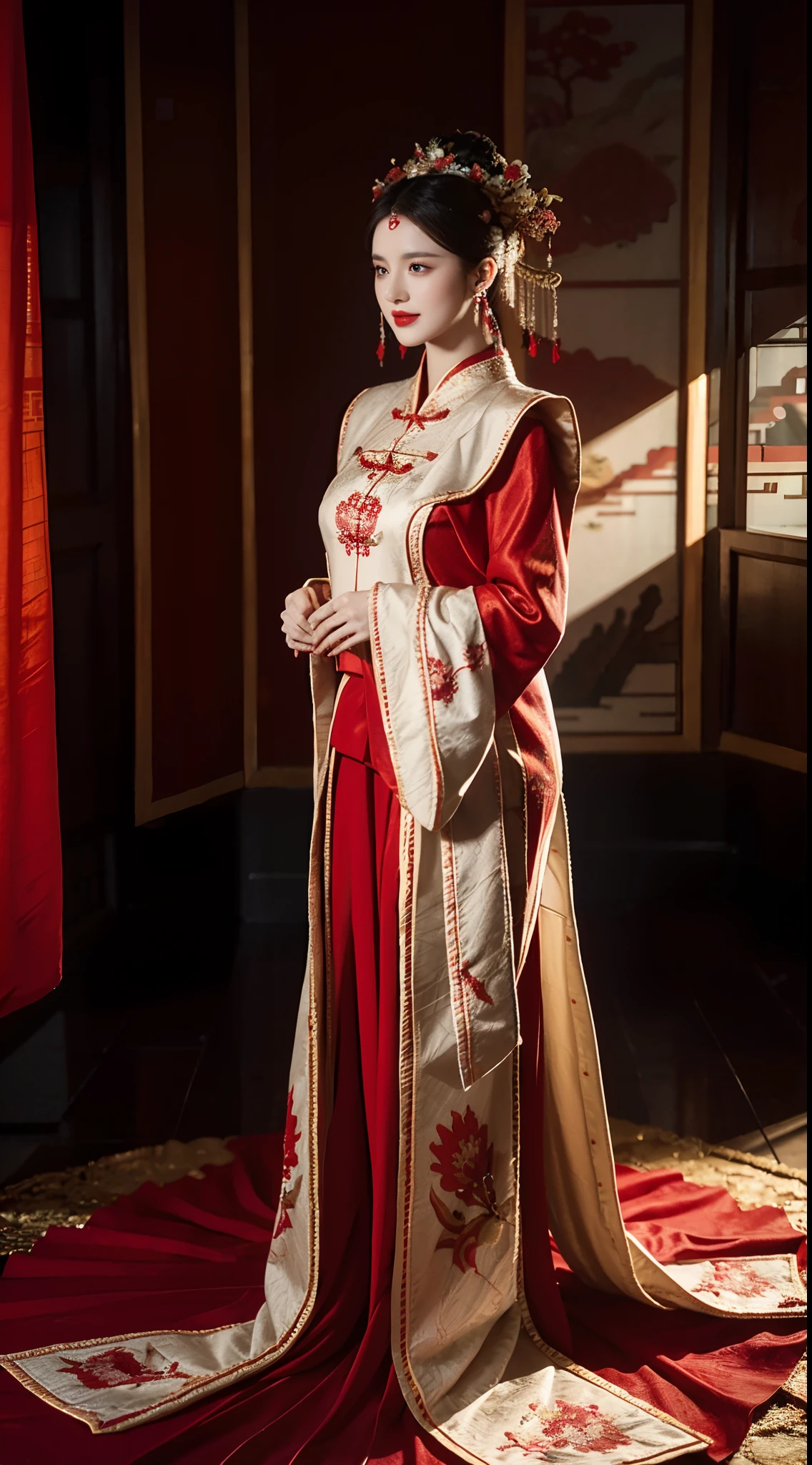 Realistic 8k CG: 1.2), Perfect artwork, delicate patterns, Intricate details, (Unbeatable masterpiece, Best quality: 1.2), (Extremely complex: 1.2), A woman in a red and gold dress, (Stand in the room), Makeup, Blush, Shyness,Frontal photo， White hair, Looking down, cosmetics, (forehead dot), (2 red candles), Chinese_clothes, Curtains, Earrings,Hanfu, interiors, jewelry, Red nails, Long_Sleeves, Red dress, Red lips, nipple tassels, (Red quilt), (red palace: 1.2), (Ancient Chinese architecture), (Red: 1.8), Night，Full body photo，中景 the scene is