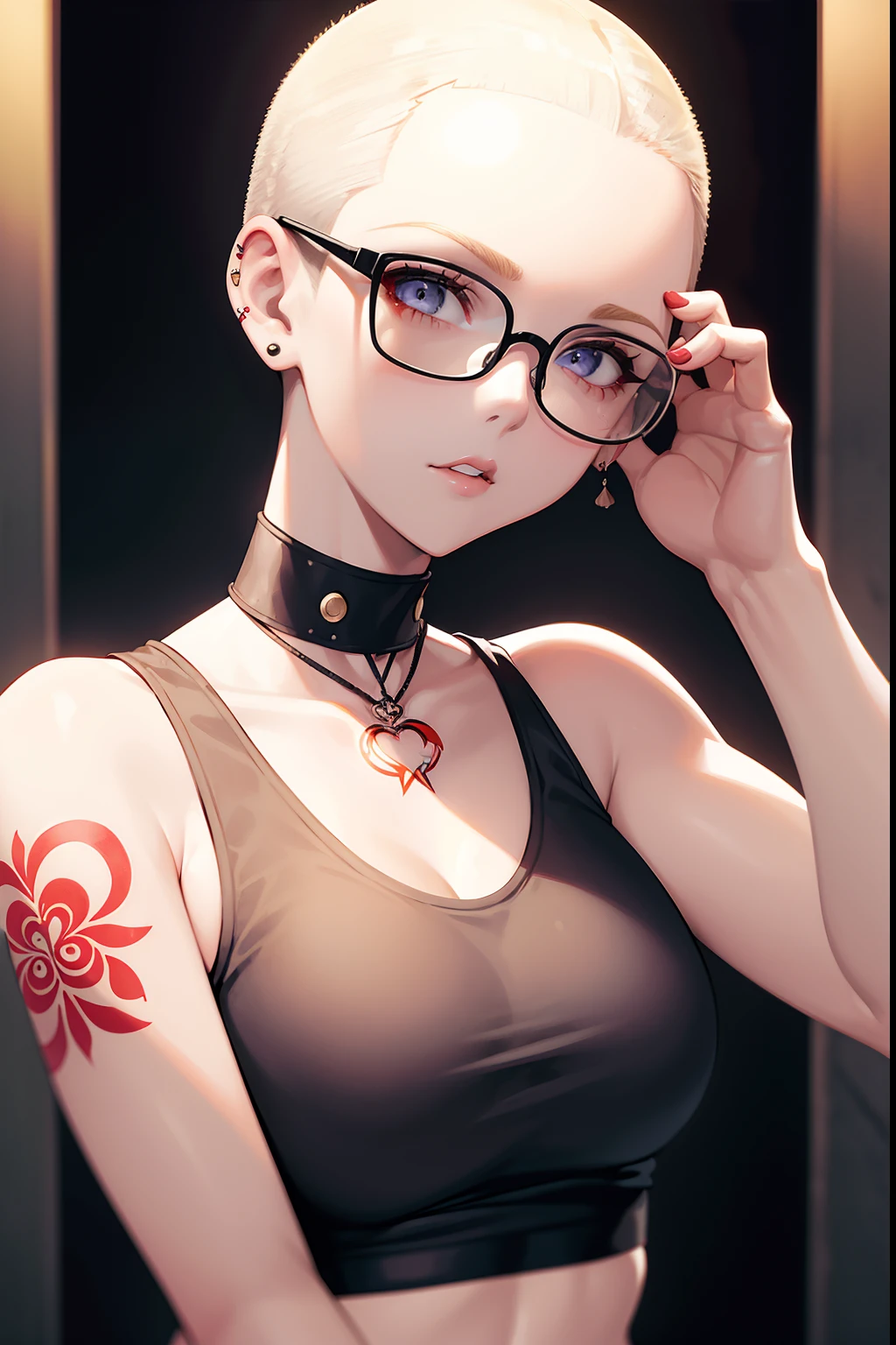 girl, riley nixon haircut, bald shaved hair, blonde hairstyles, very short hair, bald,, white tank shirt, red moon tattoo, right arm tattooed, wearing glasses, blonde hairstyles, riley nixon haircut, lipstick Black, piercings in the face, on a skyscraper, Looking at the viewer, Storm city, 4k