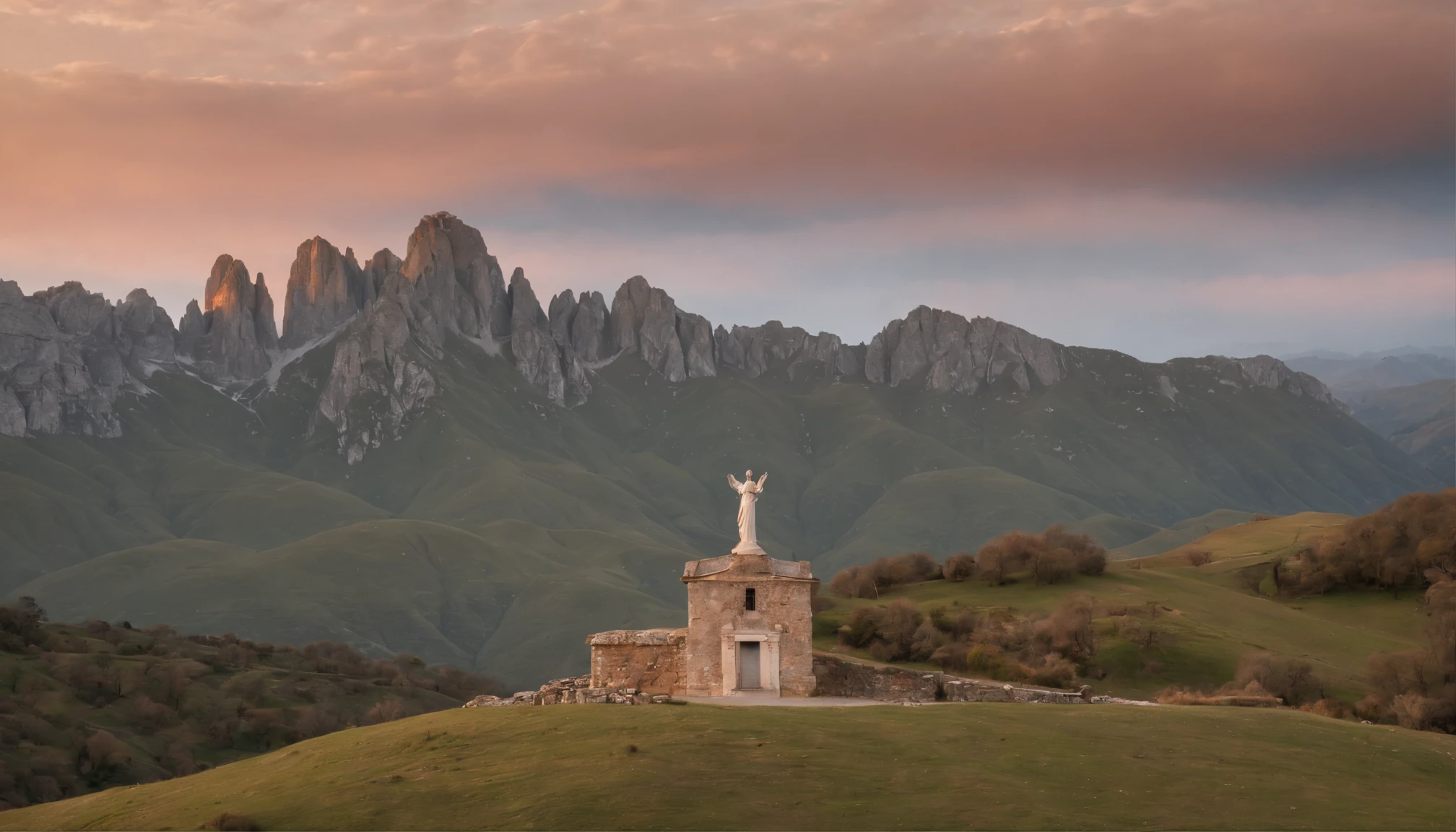 Imagine uma paisagem serena ao amanhecer, when a person is in the foreground. One looks with determination at a set of majestic mountains that rise in front of him. The sky above is illuminated by the soft colors of the sunrise, Creating an atmosphere of hope and renewal. Enquanto a pessoa enfrenta os desafios representados pelas montanhas, uma sombra protetora e benevolente, reminiscent of the figure of an angel or guardian, is projected on it, indicating the welcoming and guiding presence of God. The mountains are imposing, com picos cobertos de neve, criando um contraste com a serenidade do primeiro plano. The image captures the sense of trust in divine help in the midst of the greatness of nature.
