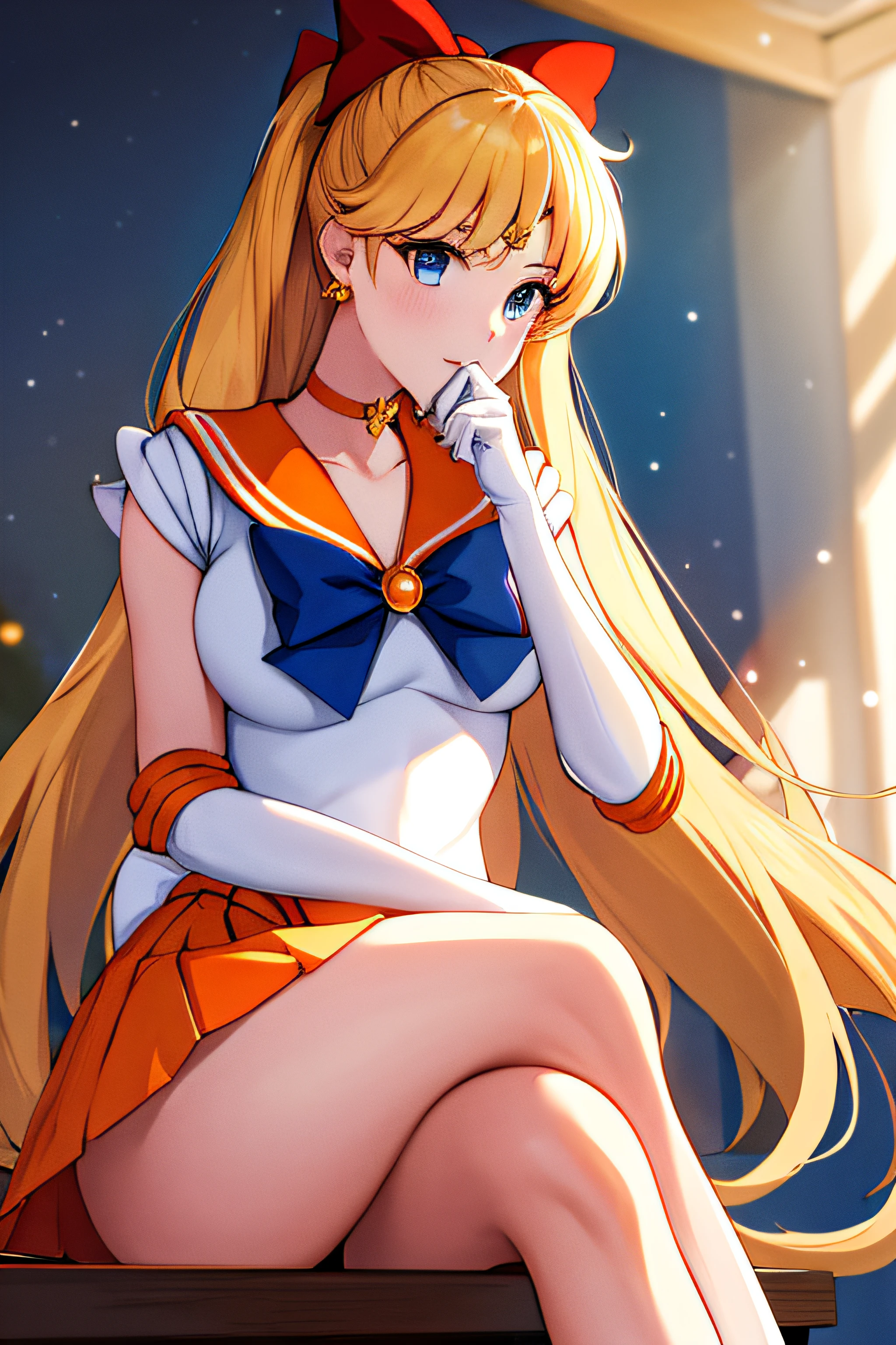 masterpiece, best quality, highres, venus1, 1girl, solo, sailor senshi uniform, sailor venus, aino minako, blonde hair, magical girl, blue eyes, orange skirt, elbow gloves, tiara, pleated skirt, hair bow, orange sailor collar, miniskirt, choker, red bow, orange choker, white gloves, very long hair, jewelry, earrings, sitting, crossed legs,