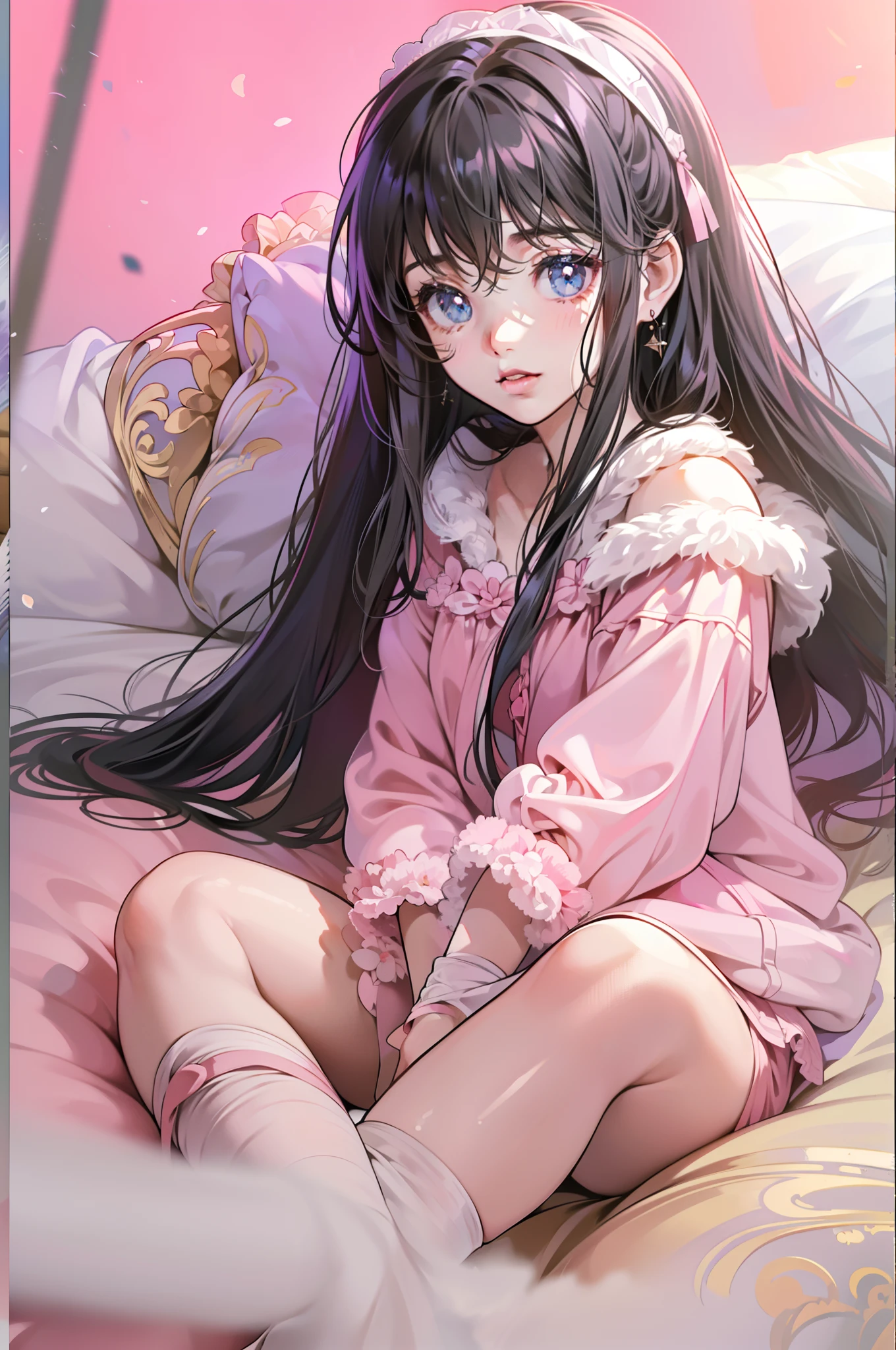 (best quality,4k,8k,highres,masterpiece:1.2),ultra-detailed,(realistic,photorealistic,photo-realistic:1.37),kawaii,anime,girl,pink clothing,pink fuzzy outfit,long black hair,light gray eyes,thighs,sitting on a bed,beautiful eyes,(detailed eyes),airy,high definition,ultra-high definition,fine-grained