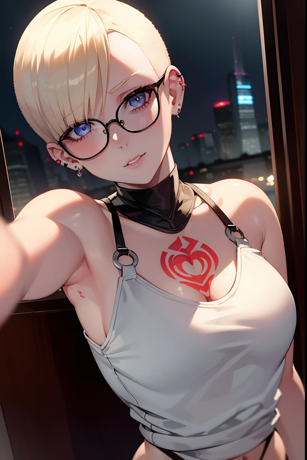 girl, riley nixon haircut, shaved hair, blonde hairstyles, very short hair, bald,, white tank shirt, red moon tattoo, right arm tattooed, wearing glasses, blonde hairstyles, riley nixon haircut, lipstick Black, piercings in the face, on a skyscraper, Looking at the viewer, Storm city, 4k