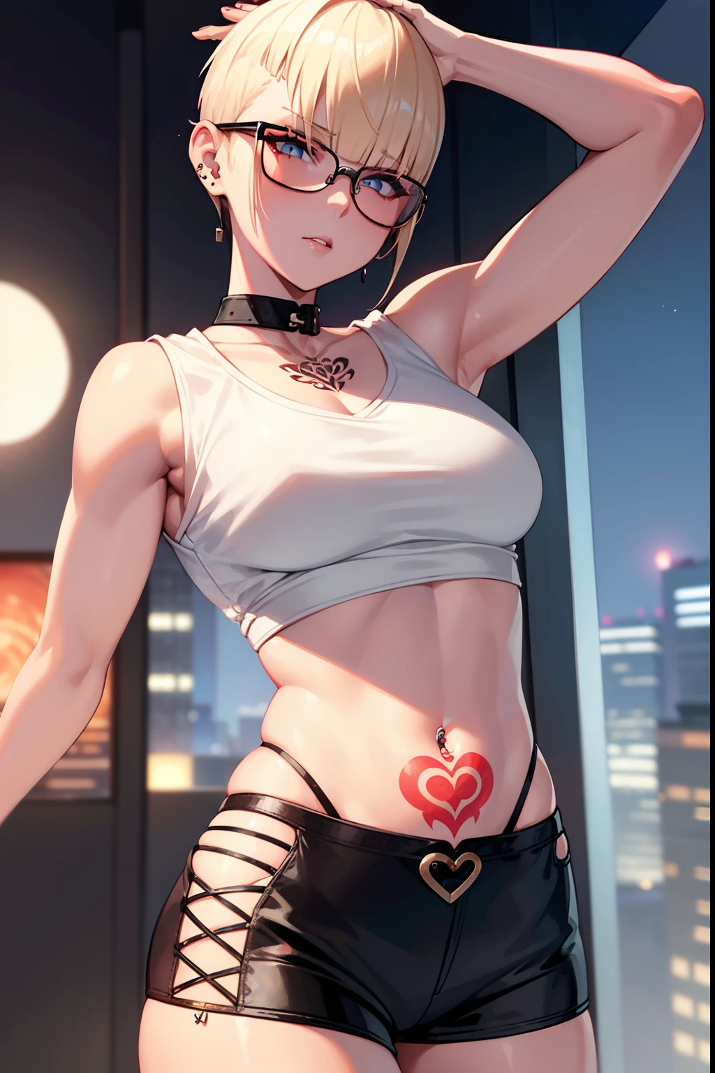 girl, riley nixon haircut, shaved hair, blonde hairstyles, very short hair, bald,, white tank shirt, red moon tattoo, right arm tattooed, wearing glasses, blonde hairstyles, riley nixon haircut, lipstick Black, piercings in the face, on a skyscraper, Looking at the viewer, Storm city, 4k