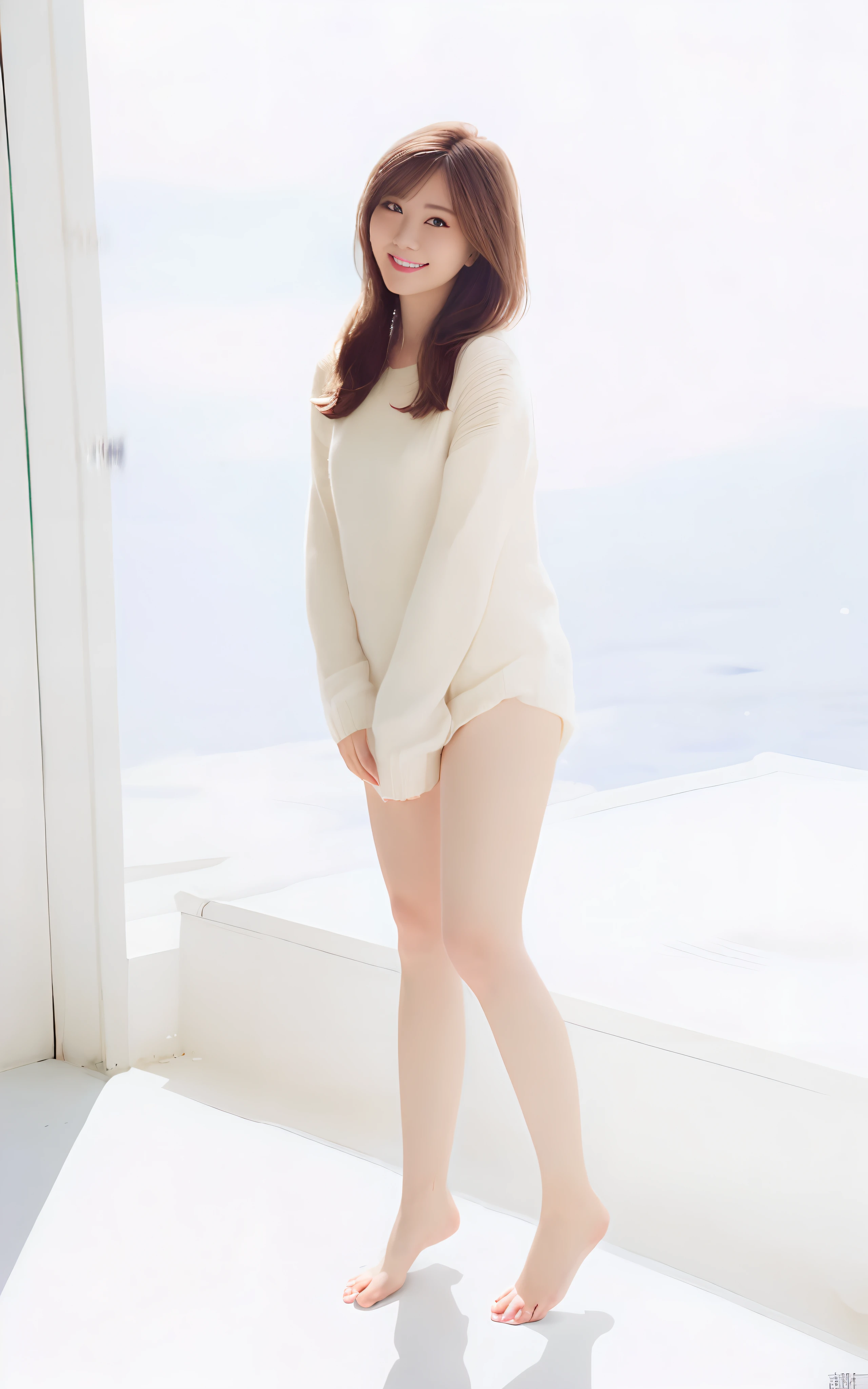 (((Cute smile))),(((Beautiful face))),(((Cute 23 year old cute girl:1.3))), raw, Colorful, Sharp Focus, Delicate and beautiful composition, (Sini particles), (Bright dust particles), Best Quality, (Realistic), High quality, Ultra Detail, (realphoto), (Realistic) ,(Realistic skin), (Realistic body) ), (Complex Detail), (Latex skin:0.8), (Detail skin:1.3), (Perfect luster:0.6), (slim:1.2), (Beautiful big eyes:1.2) ,Round eyes, Pretty Face, [:(Detailed face:1.2):0.2],Sparkling eyes,(pureerosface_v1:0.2),, Realistic moist skin, Dark hair,8K UHD, Digital SLR, High quality, Film grain:1.3, Realistic, Slim waist, Long legs, kindly smile,(Portrait), (Similar to the shape of A.:1.4),Happy expression, Beautiful lighting , Perfect Lightning, Realistic Shadows,1 girl, Solo, (((small head))),(((Look at viewers))),(((Beautiful legs))),(((full body shots))),(full of sweat:1.2), araffe woman in a white sweater and panties standing in a room, pale fair skin!!, pale skin!, in white clothes, photo of slim girl model, long thin legs, ivory pale skin, pale beautiful skin, full body! pretty face, by Torii Kiyomoto, pale fair skin, pretty face with arms and legs