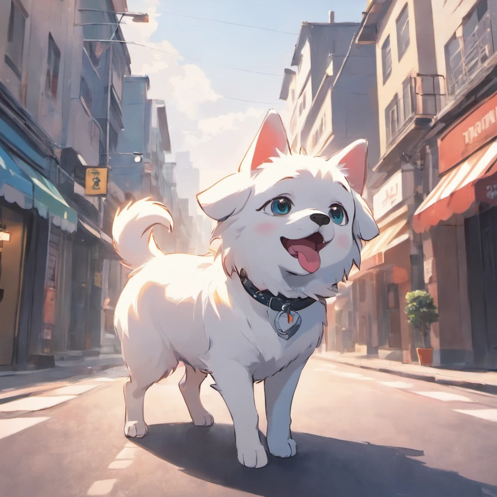 Front 3D illustration,A cute white silver highland puppy walking in the streets and small car