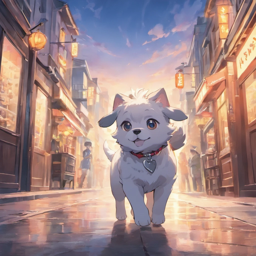 Front 3D illustration,A cute white silver highland puppy walking in the streets and small car