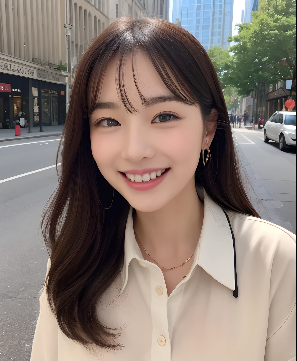 ((top-quality、in 8K、masterpiece:1.3))、1girl in、Beautiful woman with plump abs emphasized:1.3、(The long-haired、Colossal tits:1.2)、In the city、Super delicate face、wholesome、二重まぶた、A smile that showed teeth、in collared shirt、Looking at the camera、Big smile、Look here、Look at me with your eyes wide open、Cozy feeling、Take a walk around the city、Walking down the street in a colored collared shirt