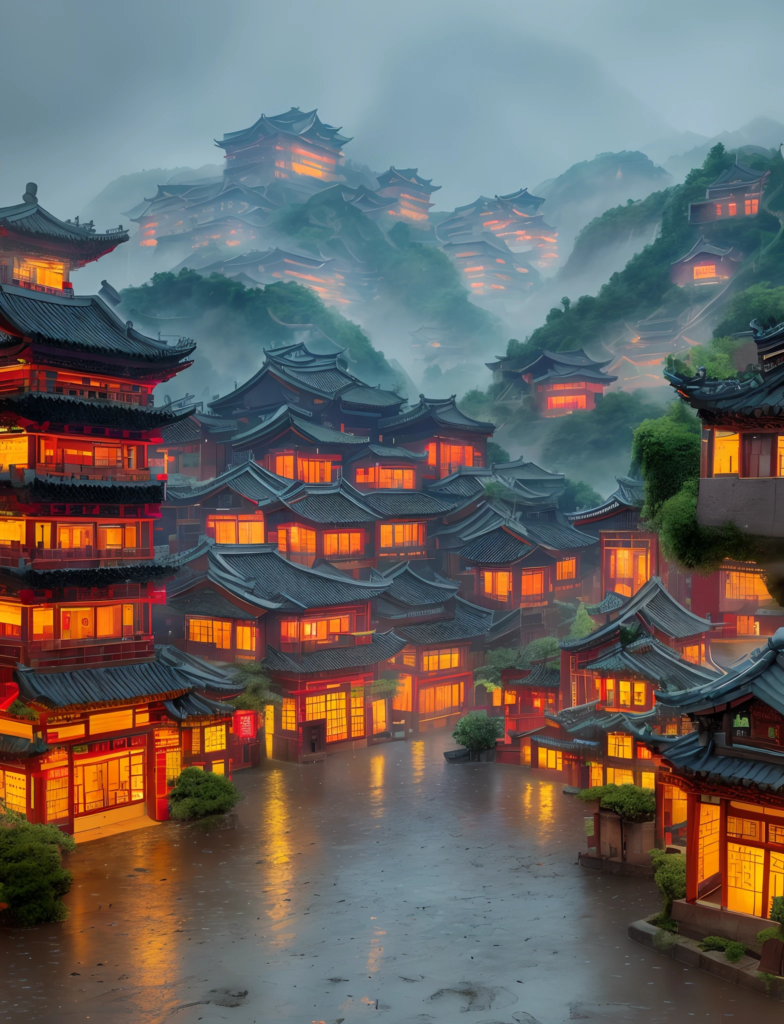 Arafed view of a village,a lot of lights on the buildings,dreamy Chinese towns,Chinese Village,amazing wallpapers,surreal photo of a small town,rainy evening, Cyberpunk ancient Chinese castle, Well-lit building, In the evening in the rain, Beautiful and aesthetic, photography of, cinematic ligh, 8k, high detal ((very heavy rain)))