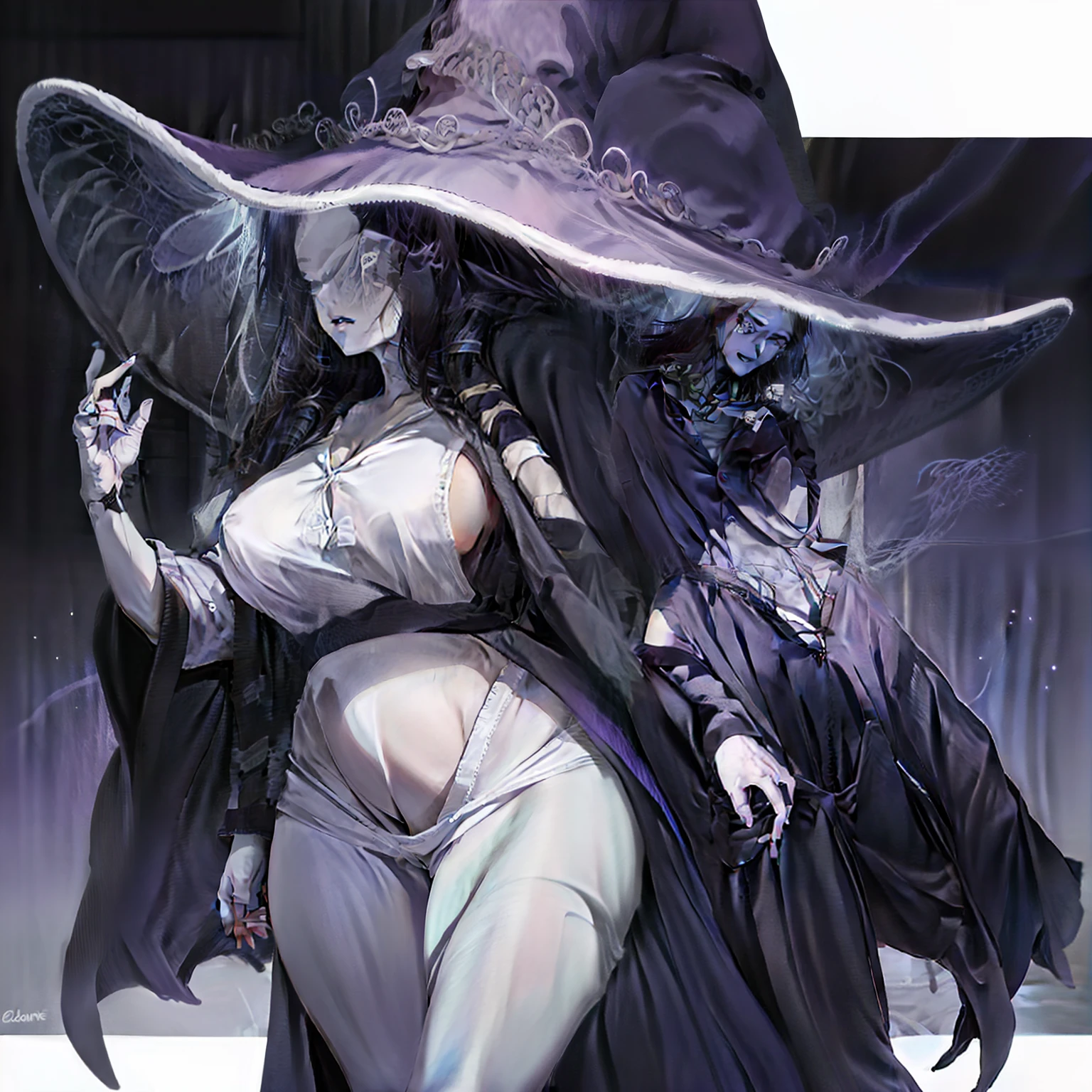 Ranni, Elden Ring, Blue skin, purple hair, purple eyes, big witch hat, oversized tee shirt that goes to knees, baggy shirt, standing up, blank background, curvy outline, large chest, thick thighs, slim waist, toned body, beautiful, HD