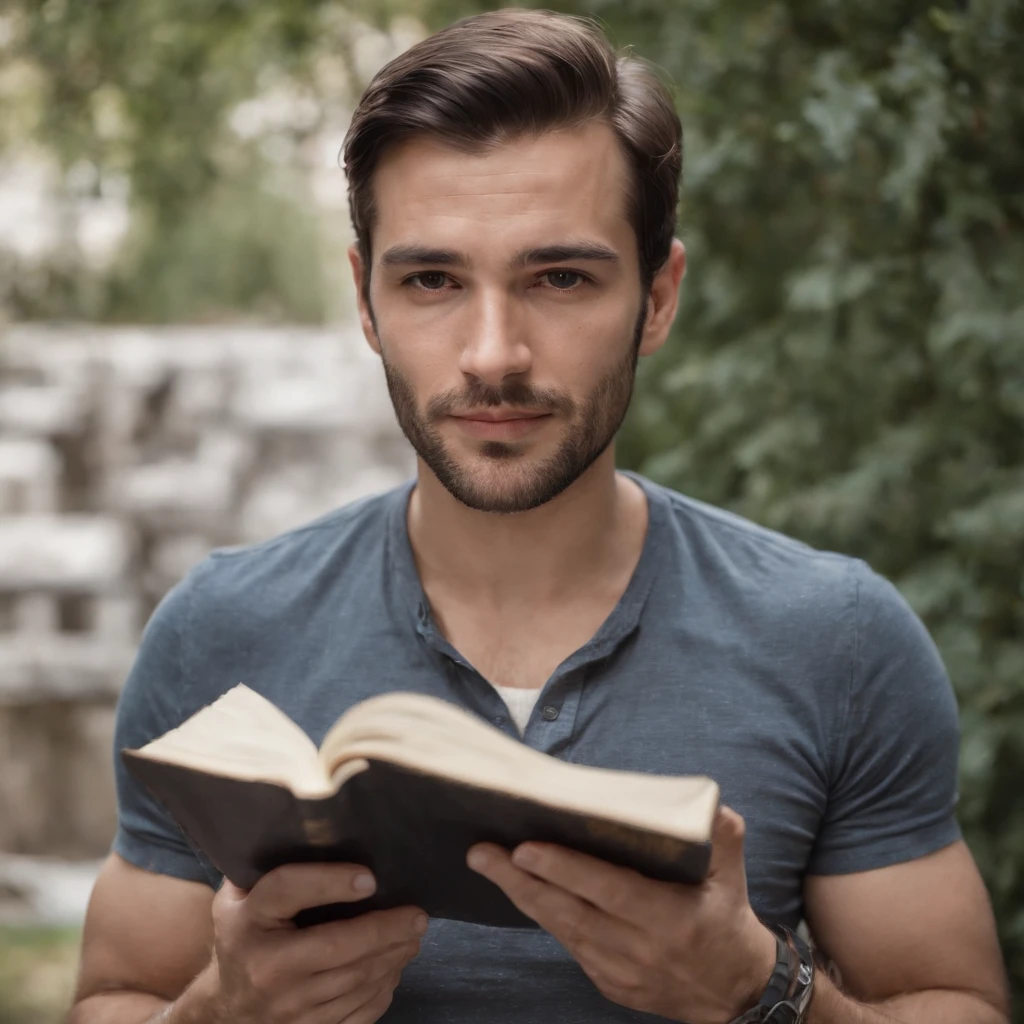 Homem, Holding a journal, olhando para frente, retrato, infeliz
